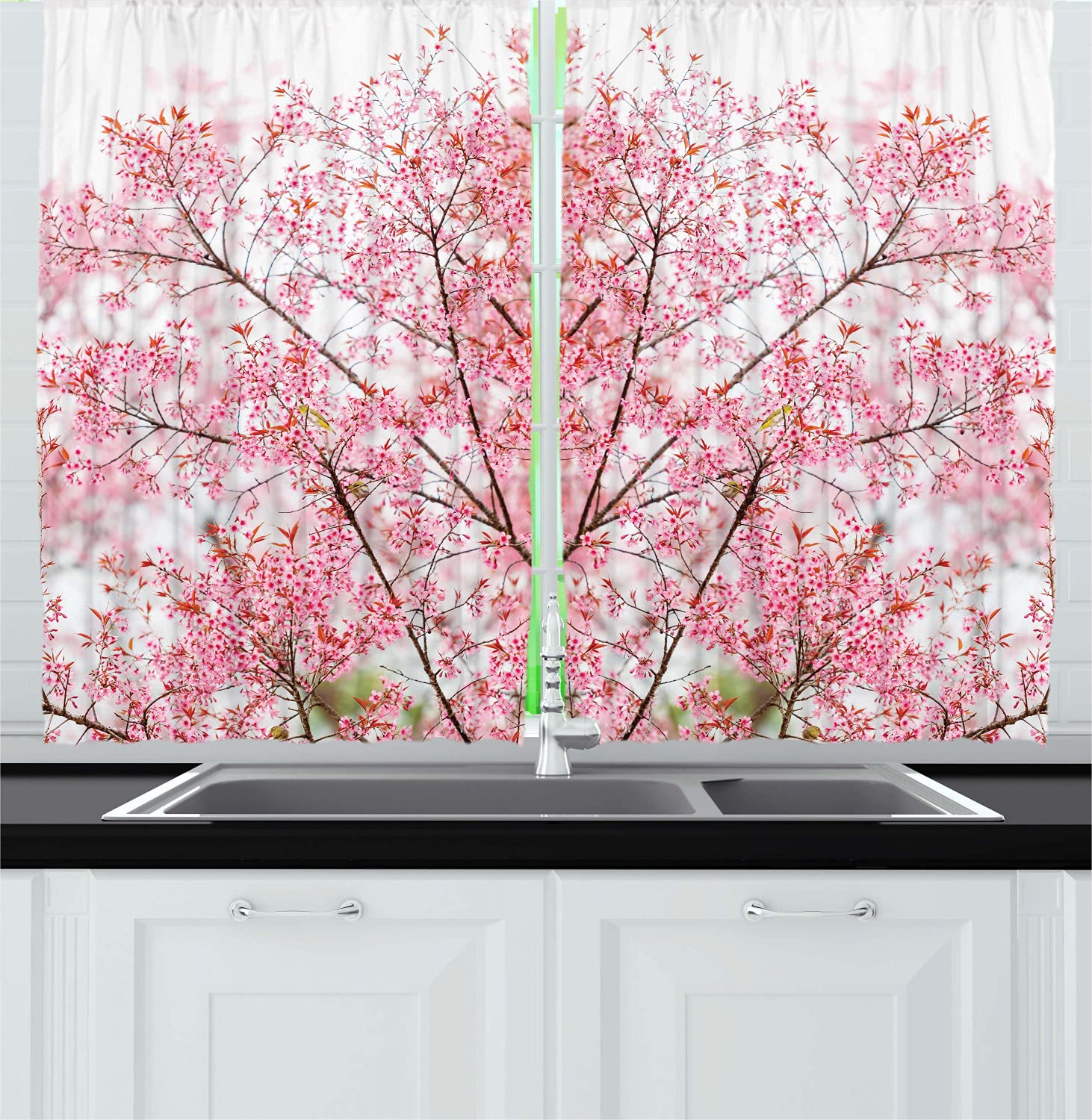 Ambesonne Japanese Kitchen Curtains, Sakura Tree Cherry Blossom Japanese Nature Inspired Modern Floral Country Design, Window Drapes 2 Panel Set for Kitchen Cafe Decor, 55" X 39", White Pink
