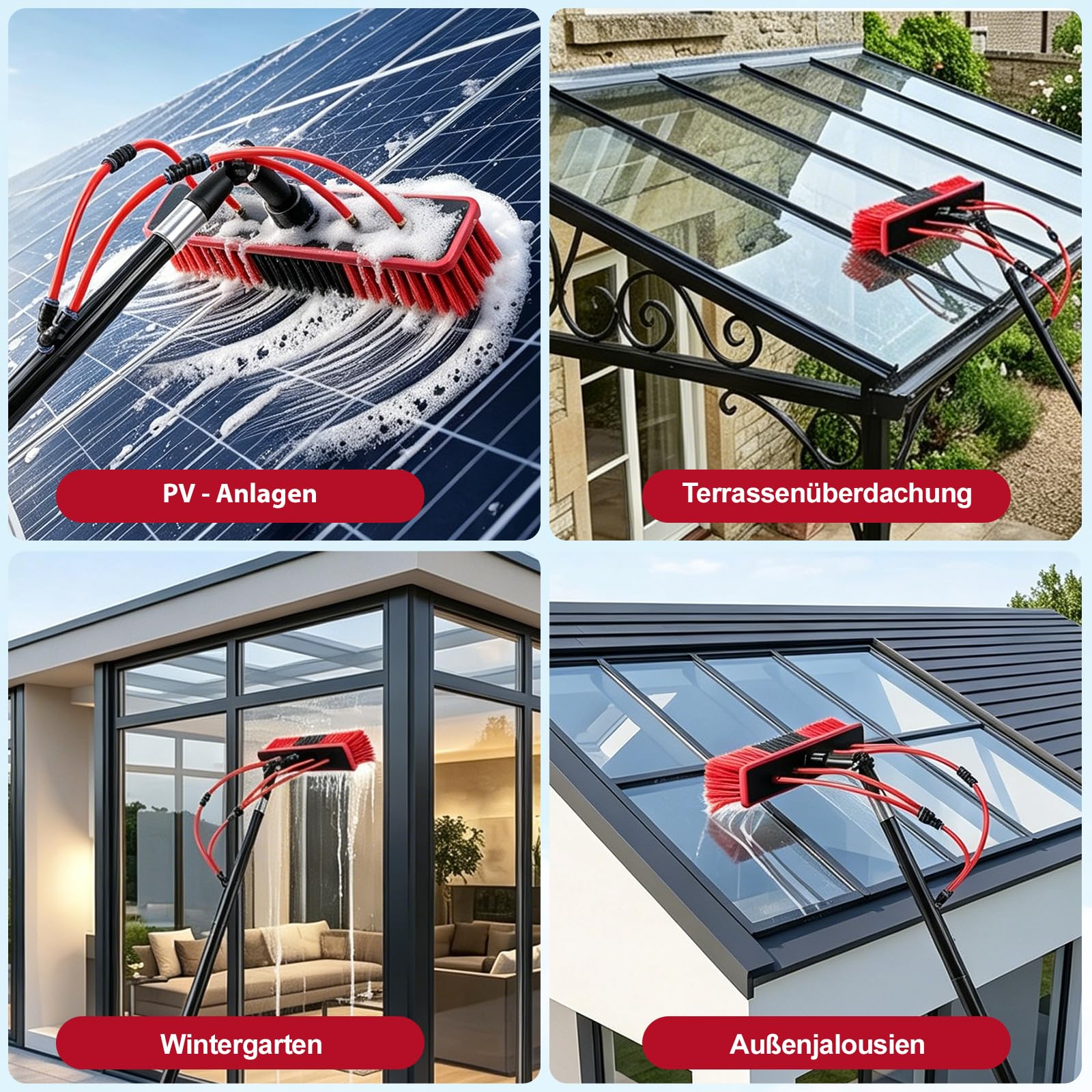 Cepillo de lavado telescópico de 4 m, barra de aluminio extensible para sistemas solares, cepillo de lavado con mango telescópico para coche y jardín de invierno, sistema completo de limpieza al aire