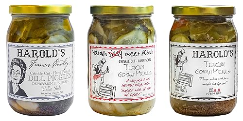 Harold's Gourmet - Juego de encurtidos de regalo (3 frascos, 16 onzas), pepinillos de eneldo caliente, pepinillos dulces Sissy y pepinillos de