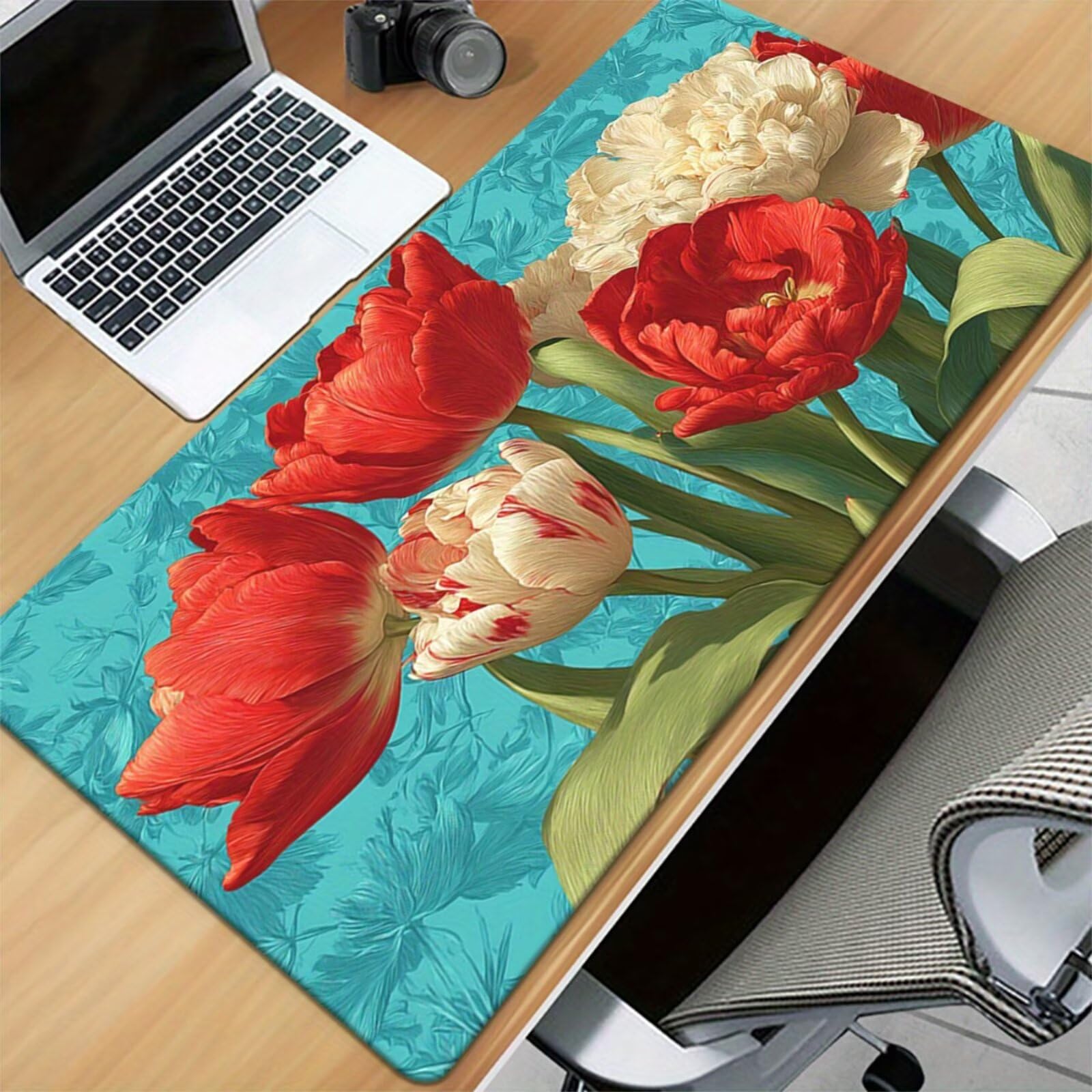 Alfombrilla de Ratón XXL 1000x500x2mm, Alfombrilla de Escritorio Grande Tulipán Rojo, Mouse Pad Gaming Antideslizante con Bordes Cosidos para Teclado, PC y Oficina