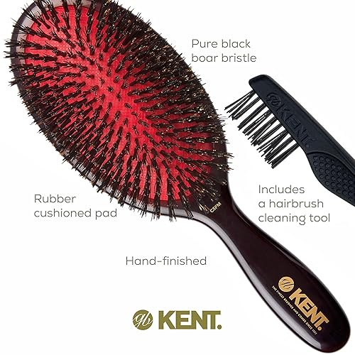 Miniatura 5 de Kent CSFM Classic Shine - Cepillo de alisado ovalado grande y desenredante de cabello, cepillo de cerdas de jabalí negro natural, cepillo de pelo
