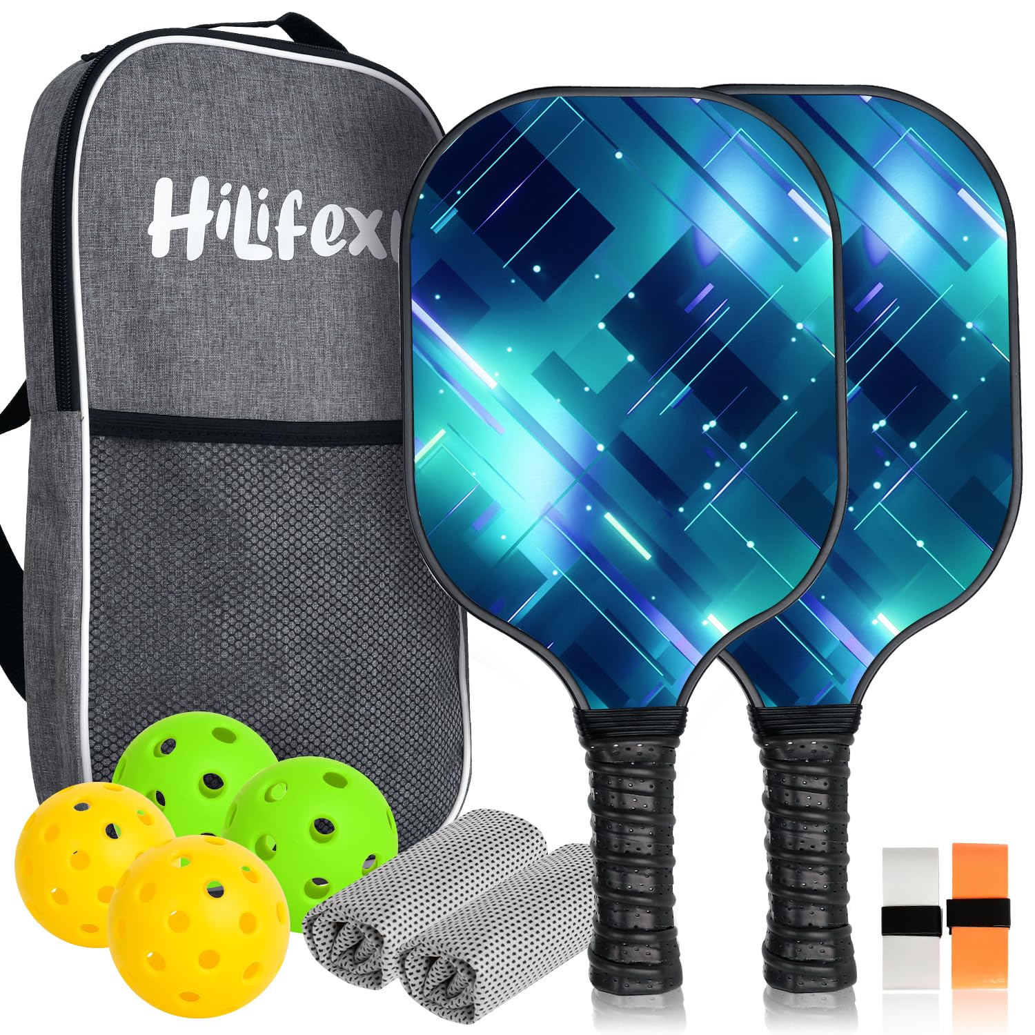 Pickleball Paddles Set of 2, Hilifexll Carbon Fiber Surface Pickleball Rackets, Polypropylene Honeycomb Core, Anti-Slip Sweat-Absorbing Grip, 4 Pickleball, 2 Cooling Towels, Carry Bag for Men Women