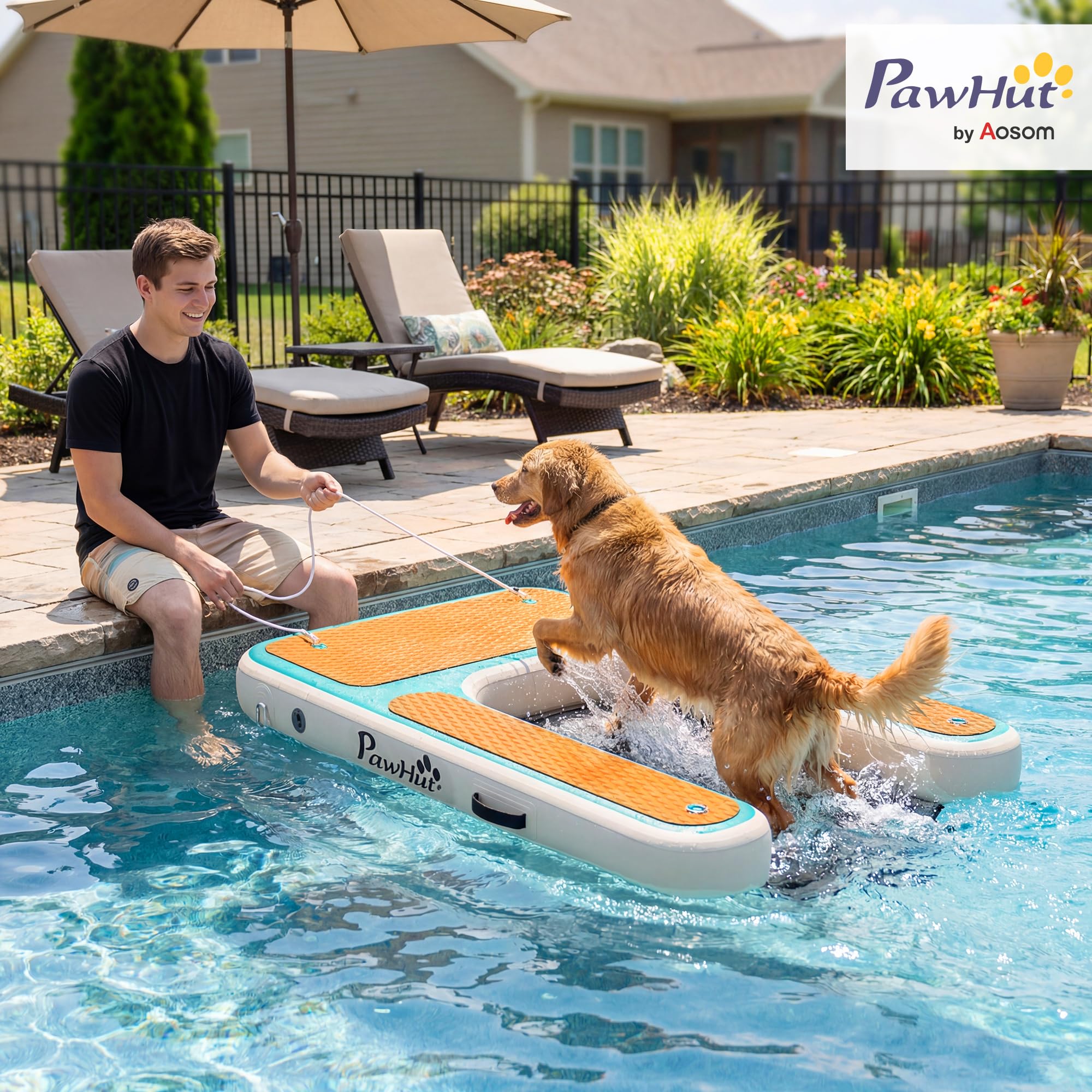 PawHut Rampa de Agua Hinchable para Perros para Piscina, Barcos, Lagos, 151x102 cm, Escalera Flotante para Perros con Superficie Antideslizante de EVA, para Razas Grandes de hasta 100 kg