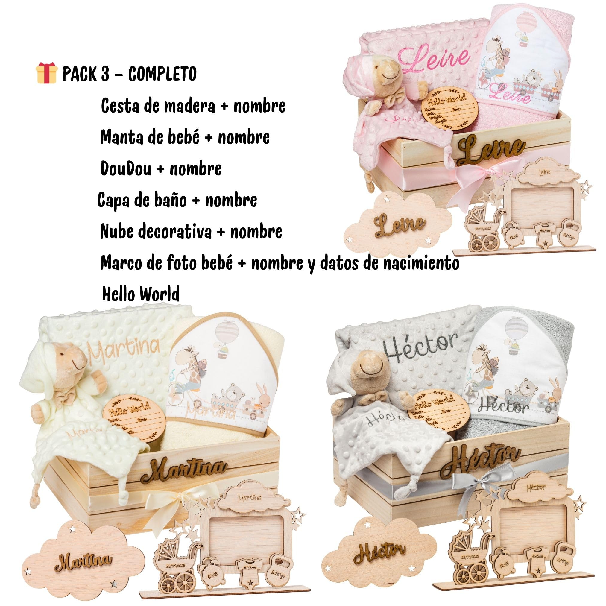 Regalo para Bebé Recién Nacido Niño o Niña | Cesta con Manta, DouDou, Capa de Baño, Nube Decorativa y Marco|Canastilla Embarazo,Bautizo,Hospital y Baby Shower | Nombre en Madera | Olesea (Gris)