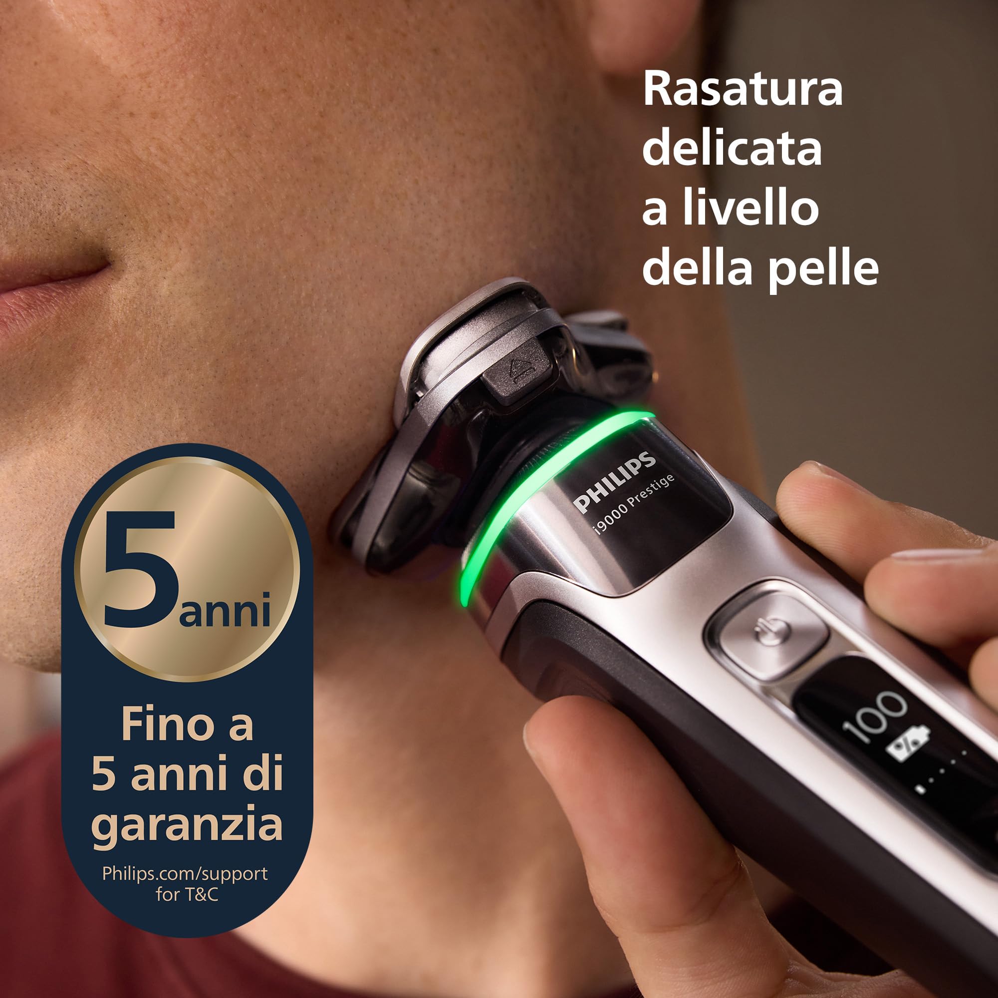 Philips Shaver i9000 Prestige, rasoio elettrico Wet & Dry, con tecnologia Skin IQ, triplo sistema di sollevamento e taglio, doppie lame rotanti in acciaio di precisione a 360°, modello XP9205/30