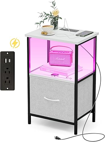 Mesa auxiliar con almacenamiento, mesita de noche LED con estación de carga A & C, mesas auxiliares, sala de estar, mesita de noche para dormitorio