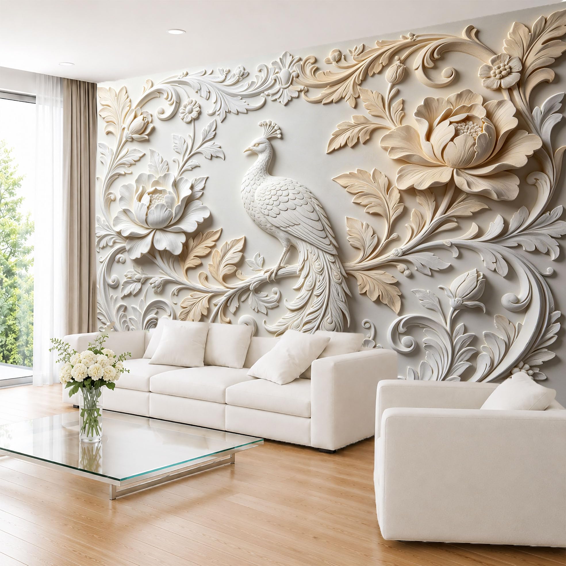 Papel Pintado Fotográfico De Lujo Oriental Elegante con Diseño De Pavo Real Blanco 320 × 230 cm (Ancho X Alto) Mural No Tejido para Revestimiento De Paredes De Sala De Estar Dormitorio Cocina Y F