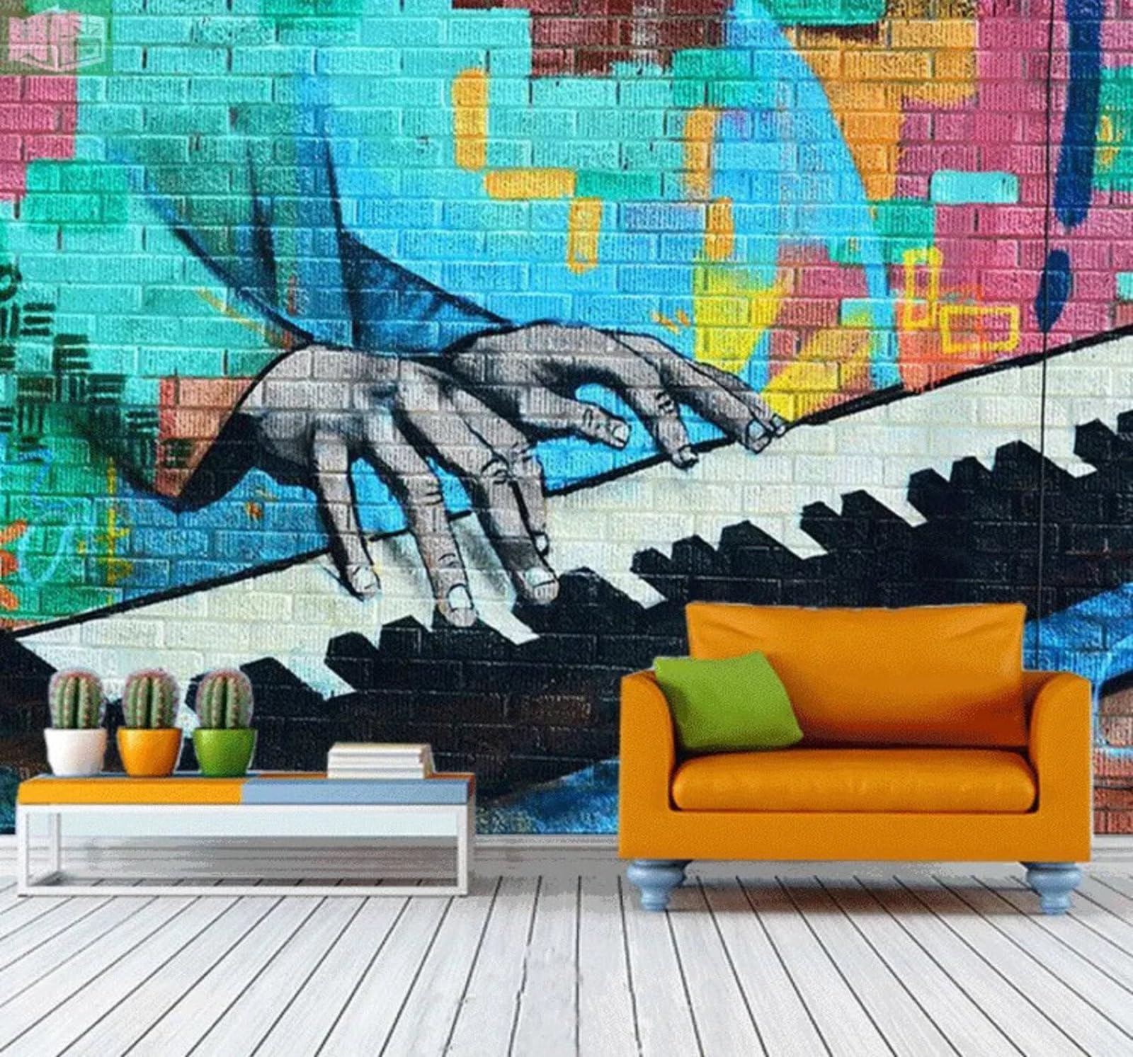 Wallpaper-3D-Xlm 250Cm×170Cm(B×H) Large Playing The Piano Brick Wall Graffiti Art 3D Wallpaper Easy Install Feature Office Living Room Sofa Bedroom Tv Background Wall Decoration-250Cm×170Cm