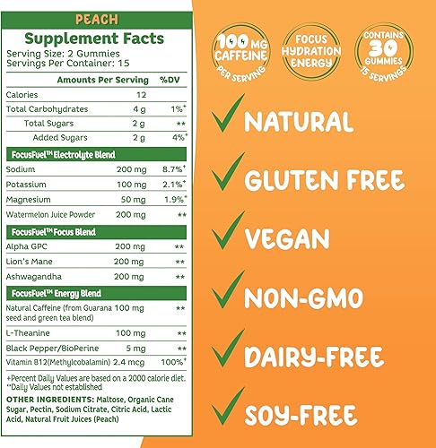Miniatura 2 de FocusFuel Energy Chews - Sabor a melocotón (15 porciones) - 100 mg de cafeína + Alpha GPC+ L-teanina + B12, magnesio - Enfoque suave y energía - Sin