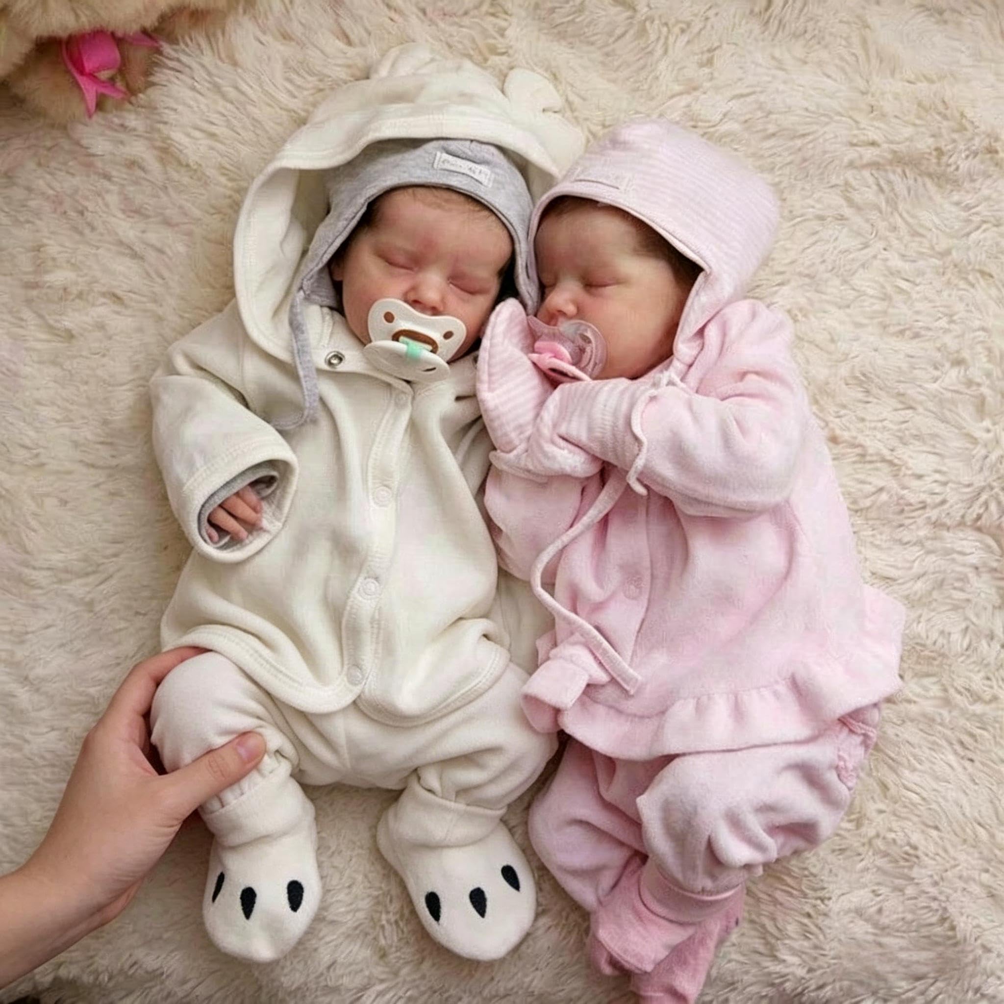 RXDOLL Reborn Baby Dolls Twins silikonowe całe ciało, 45 cm, dwie anatomicznie poprawne niemowlęta, dziewczynki, realistyczna lalka bobas, bliźniaczki, skóra 3D, pełne silikonowe lalki Reborn dla