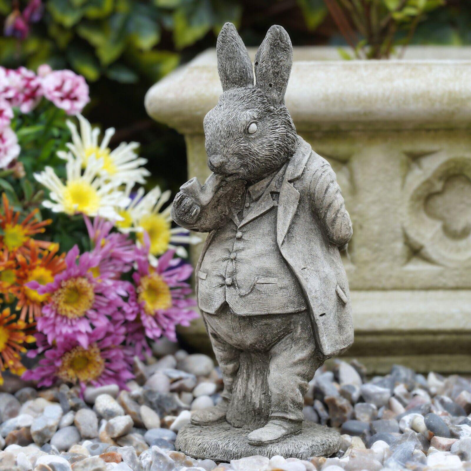 Burgess Home & Garden Grey Rabbit Smoking Hare Stone Statue | Animal Bunny Outdoor Decor Garden Ornament