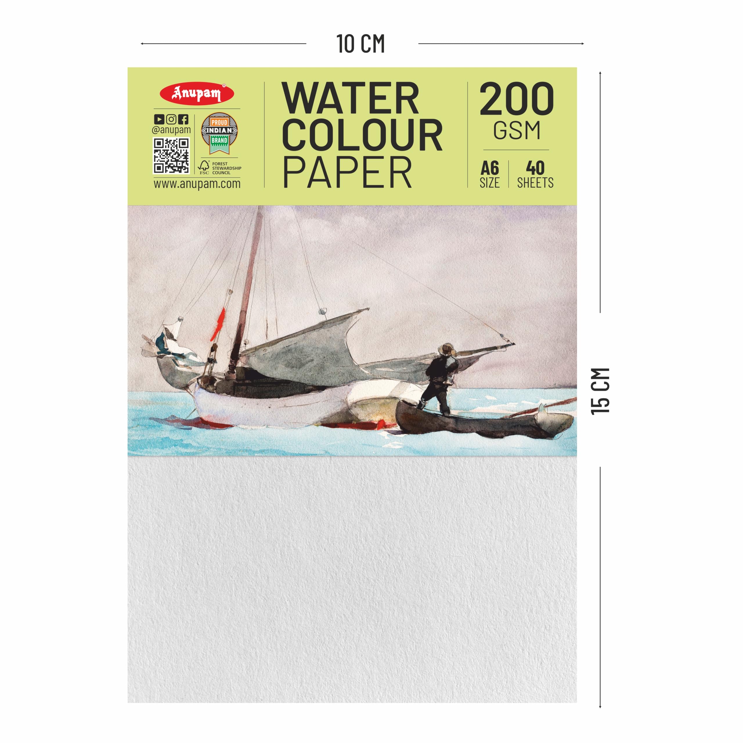 Anupam Aquarellpapier, A6, 200 g/m², kaltgepresst, säurefrei, beidseitig verwendbares Aquarellpapier für Aquarell, Acryl, Gouache, Tinte und gemischte Medien, 40 Blatt (2 Stück)