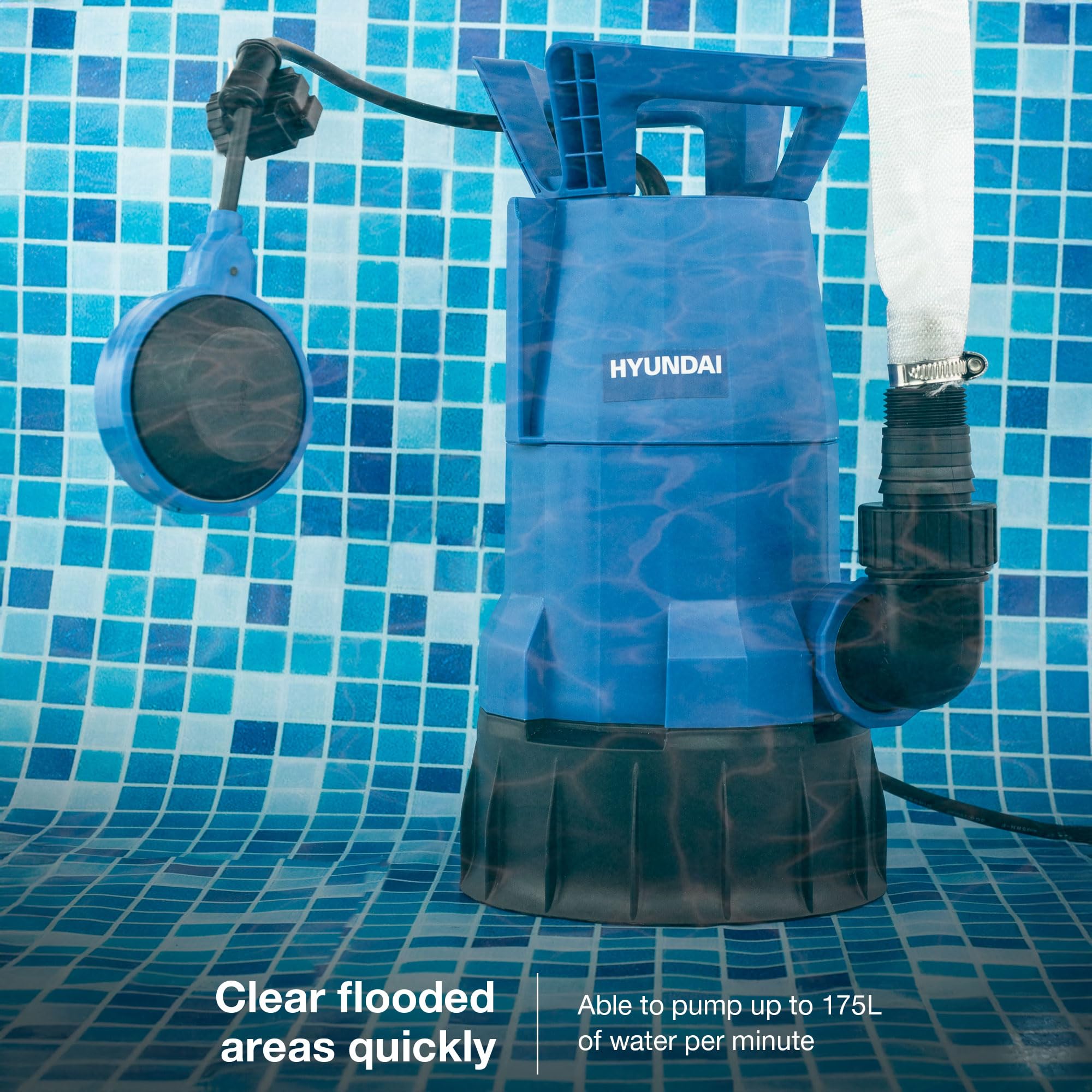Hyundai Pompe à eau submersible 550 W, débit maximal de 10 500 l/h, 175 l/min, propre, pompe de vidange d'eau sale, levage de 7 m, portable avec interrupteur à flotteur automatique,