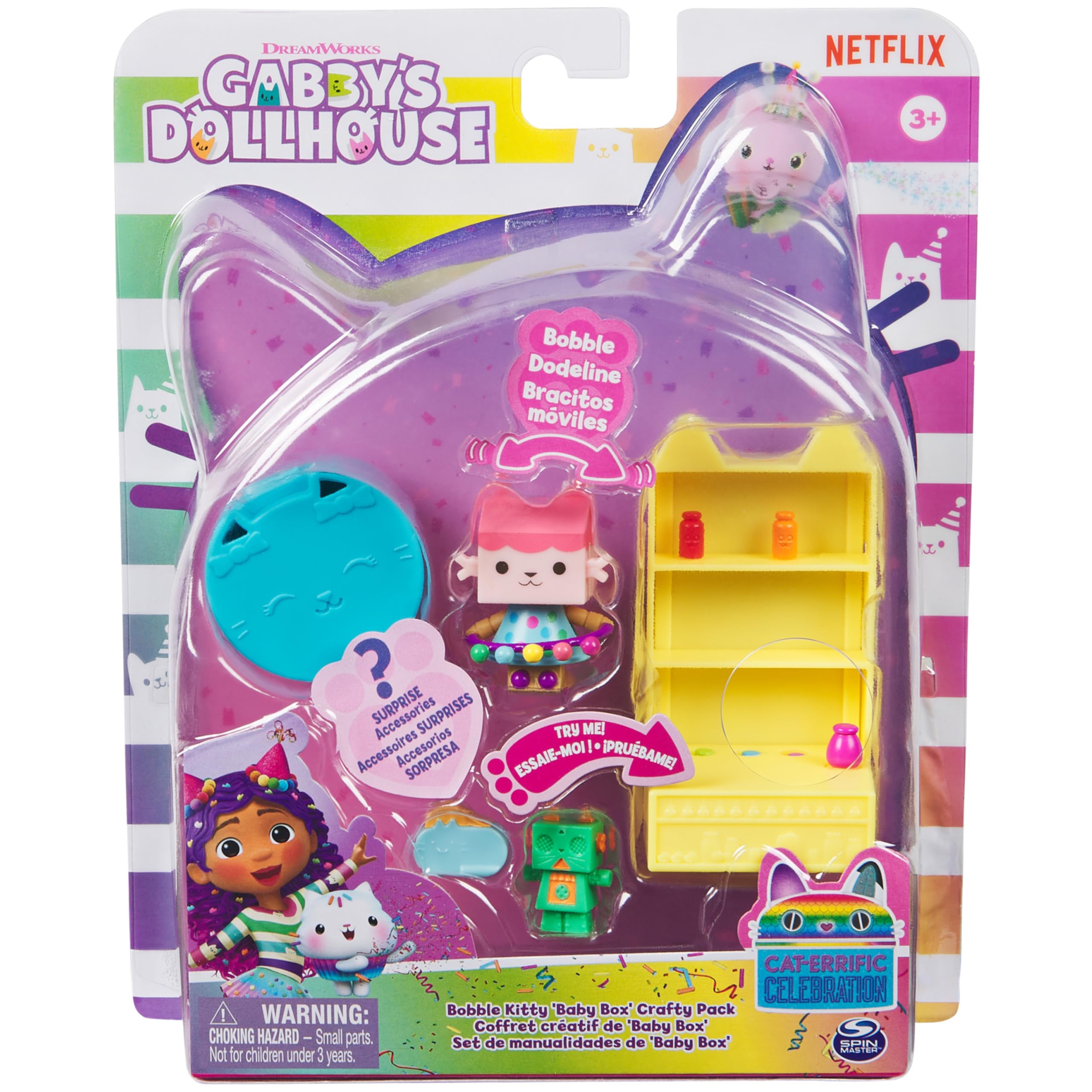 Domek dla lalek Gabby, seria Celebration Baby Box Cat Bobble Figurka z meblami i akcesoriami do domku dla lalek, zabawki dla dzieci dla dziewczynek i chłopców w wieku 3 lat i starszych