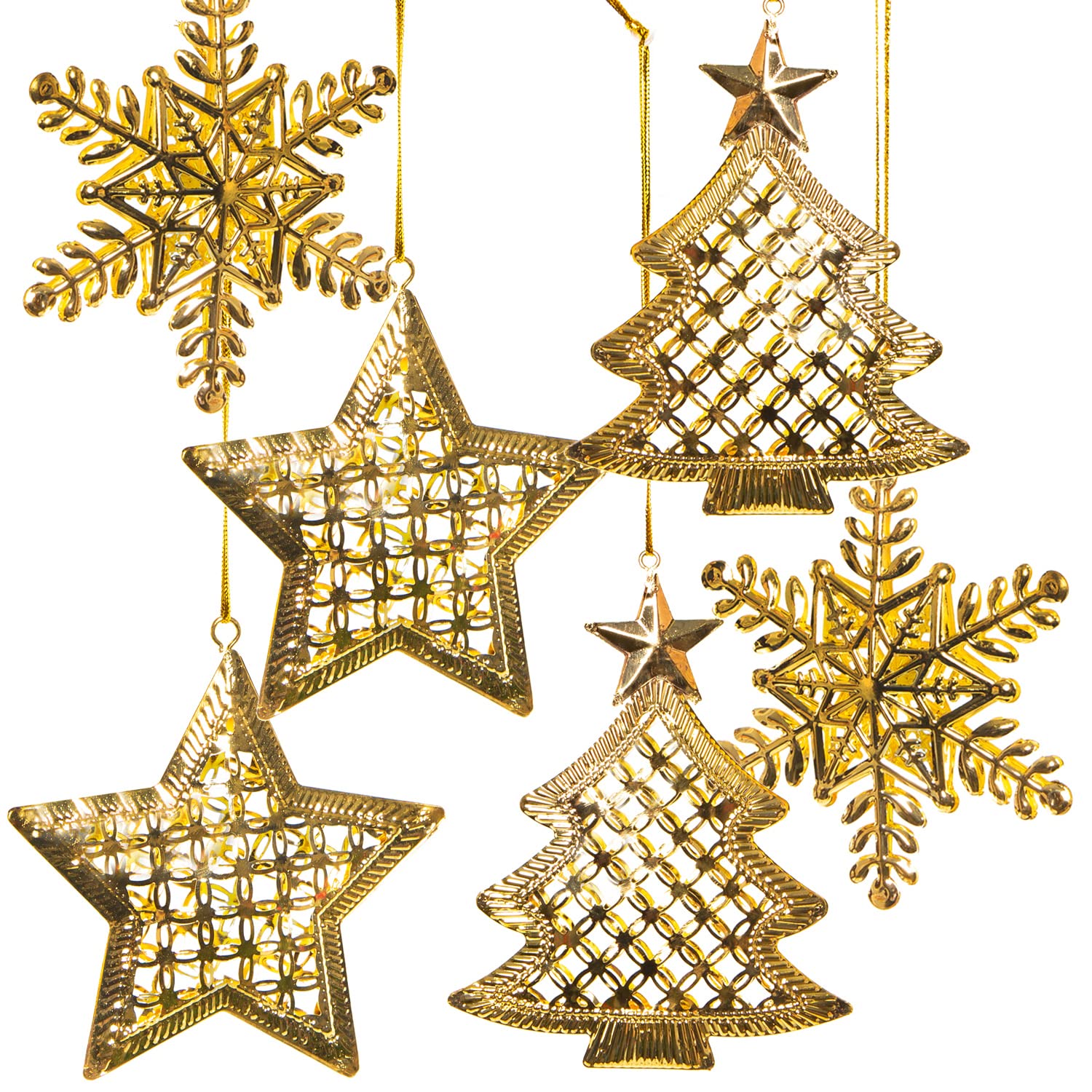 Logbuch-Verlag 6 Adornos de Navidad Colgantes con Forma de árbol, Estrella y Copo de Nieve de Metal Dorado para Colgar 9-12 cm - Adornos de Navidad Colgantes Dorados