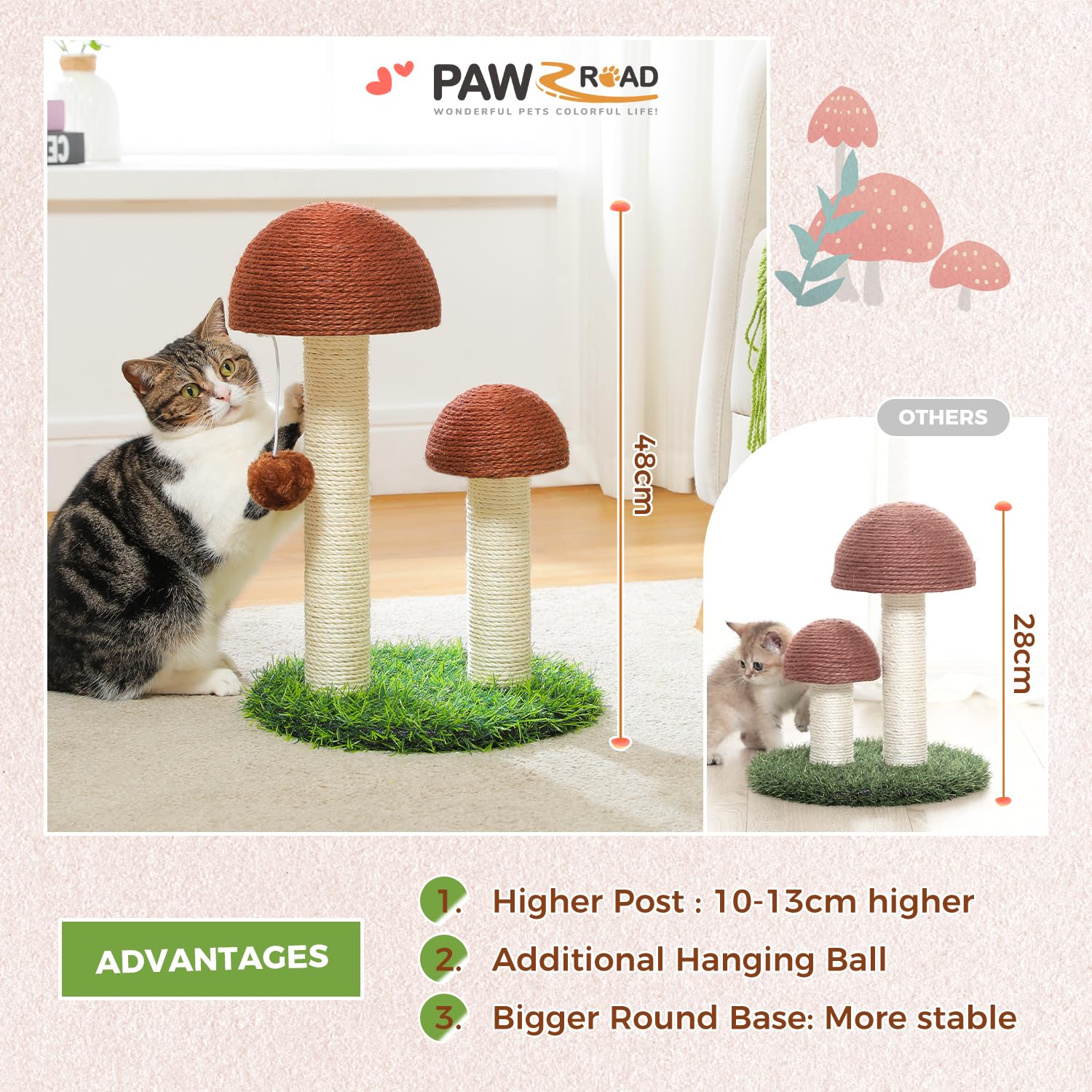 PAWZ Road Katzenkratzbaum, Pilzkratzbaum für Kätzchen und kleine Katzen, natürliches Sisalseil zur Befriedigung der Kralleninstinkte von Katzen