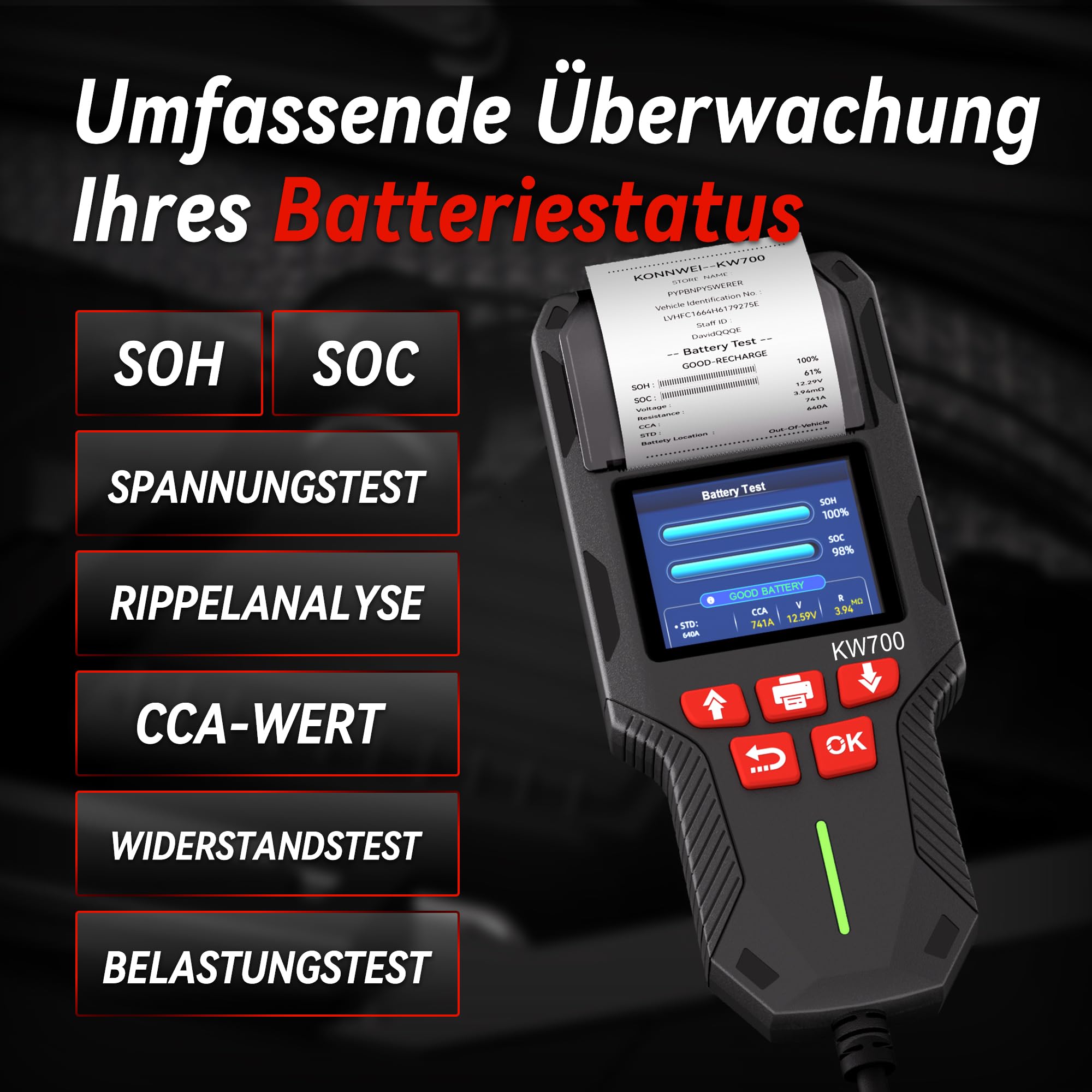 KONNWEI KW700 Batterietester mit Drucker 12V 24V Mit Druckerpapier | Batterie Tester Batterie Lasttester mit 10-2000 CCA, Anlassprüfung Ladetest Lichtmaschine Tester für KFZ LKW Motorrad