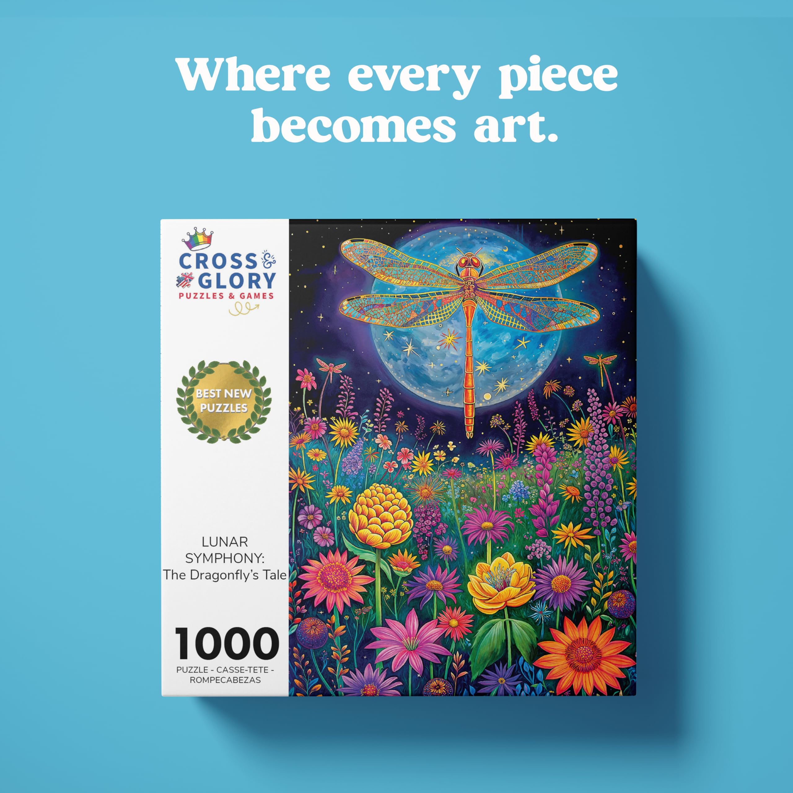 Cross & Glory - 1000 Piece Jigsaw Puzzle for Adults | Lunar Symphony: The Dragonfly’s Tale | Best New Enchanted Nature Puzzle | Vibrant Nighttime Artwork| 20x27 Inches | Flower Puzzle