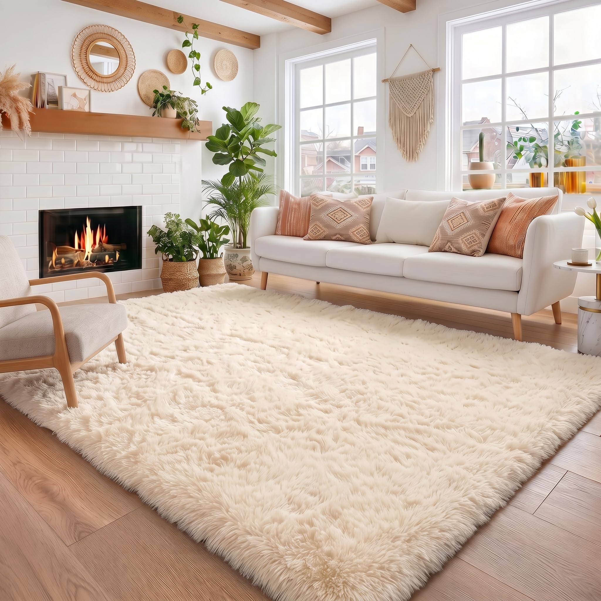 Amdrebio Beige Boho Fluffy Area Rug 5x8 for Living Room Bedroom Nursery — image 1