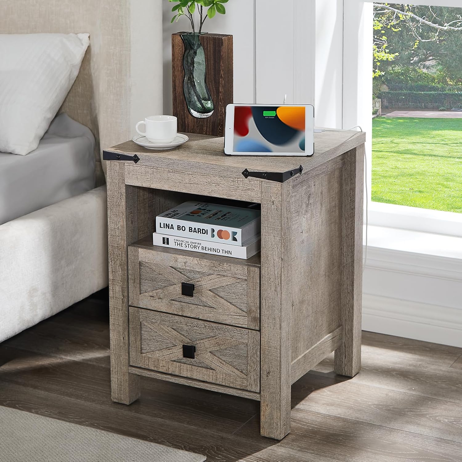 Gray Farmhouse Nightstand with Charging Station and Storage