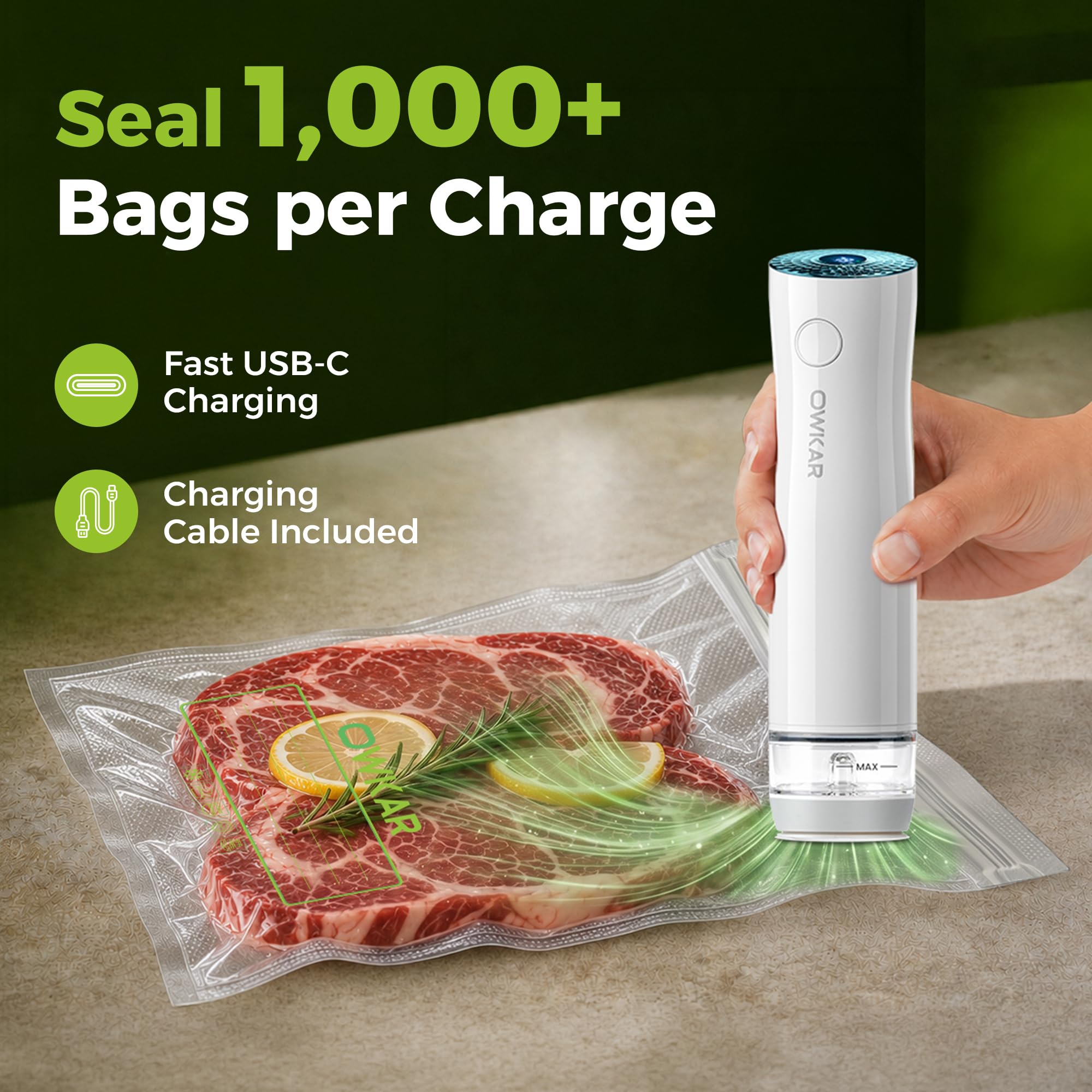 Sigillatrice sottovuoto portatile con 32 sacchetti riutilizzabili, compatta e potente, con serbatoio dell'acqua visibile, design impermeabile e 6 chiusure di freschezza per la preparazione e la