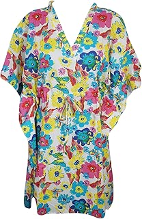 Mogul Interior Womens Caftan Dress Printed Comfy Cotton Resort Wear Dresses (Free-Size)