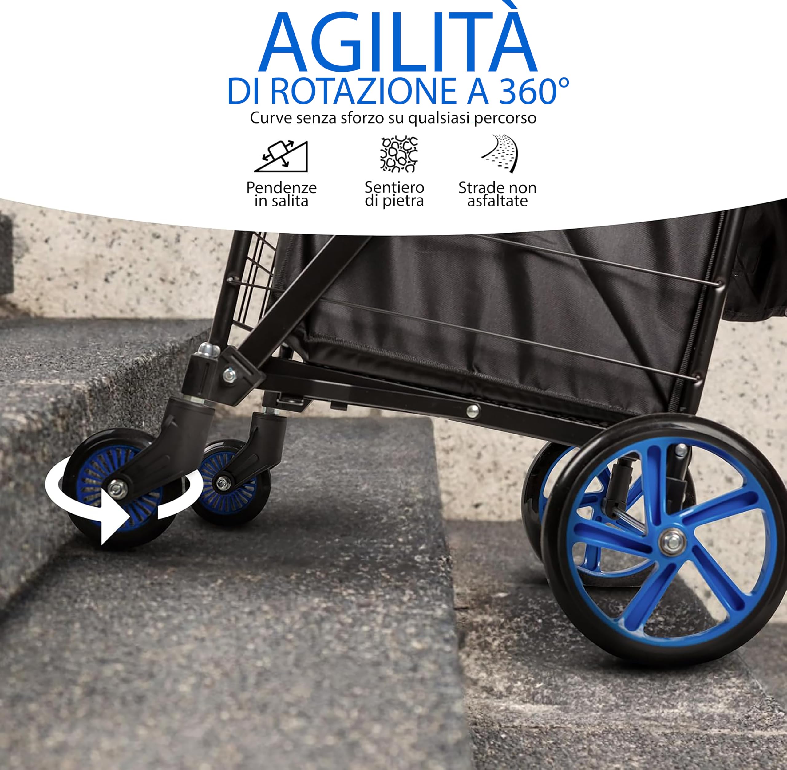SereneLife Carrello Spesa Grande 50 kg, 48,2x57,6x104,2 cm, Carrellino con Ruote Portatutto 360°, Pieghevole con Sacca Rimovibile, Blu