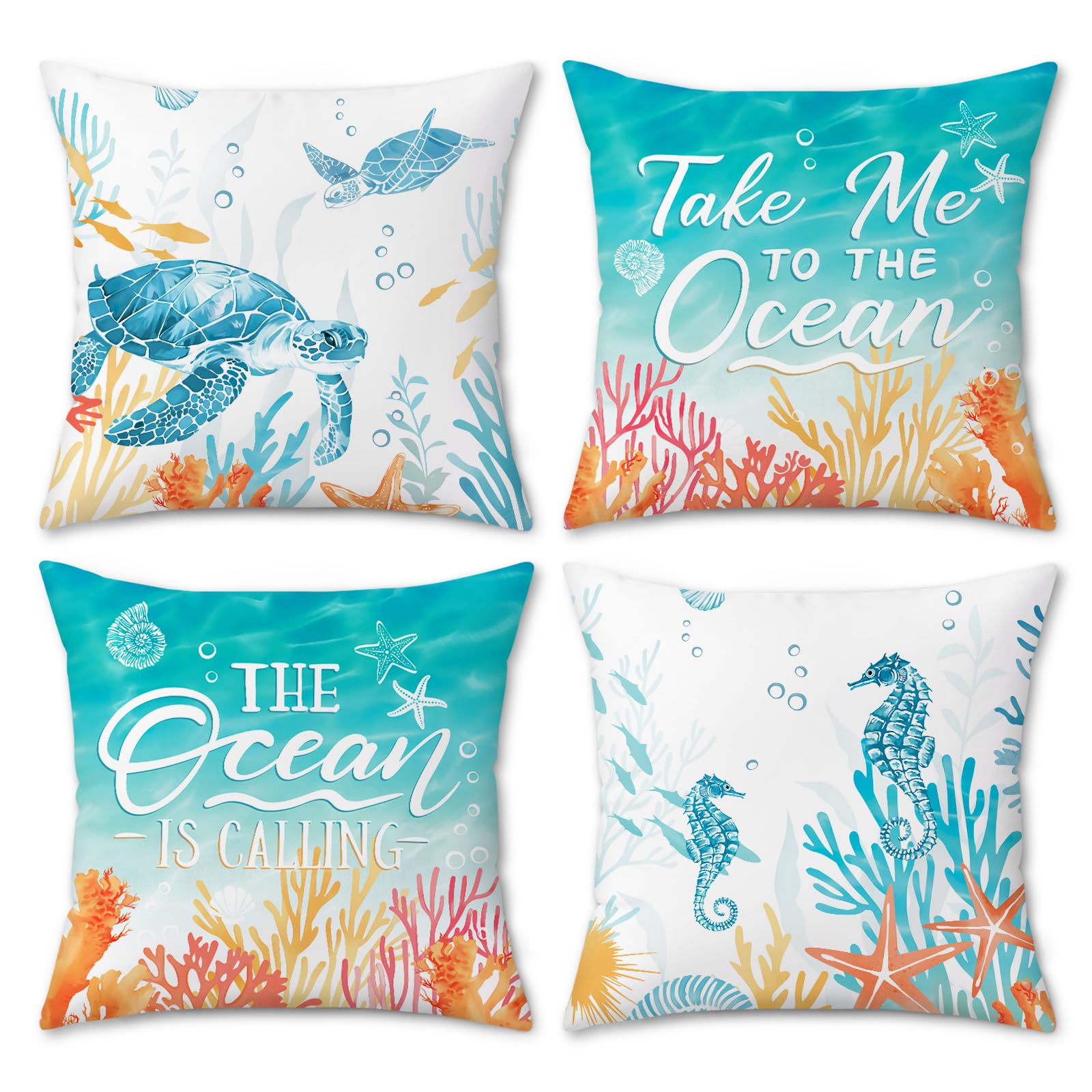 Bonhause Coastal Cushion Covers 45 x 45 cm Ocean Sea Turtle Seahorse Beach Coral Decorative Throw Pillow Covers Soft Velvet Pillowcases for Sofa Couch Home Summer Decor Set of 4