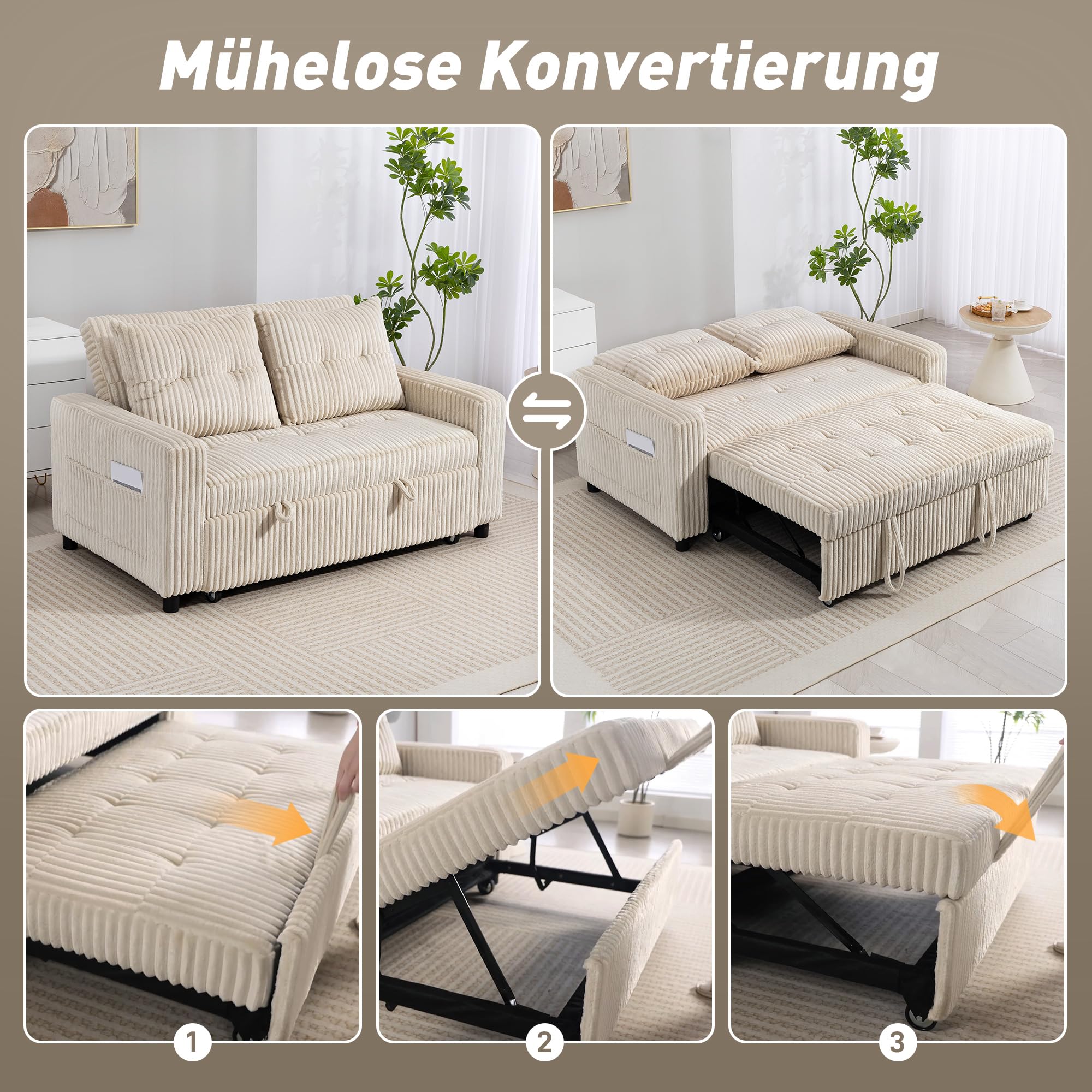 HOMCOM Schlafsofa 2-Sitzer Sofa 157 x 190 cm mit Schlaffunktion Cremeweiß
