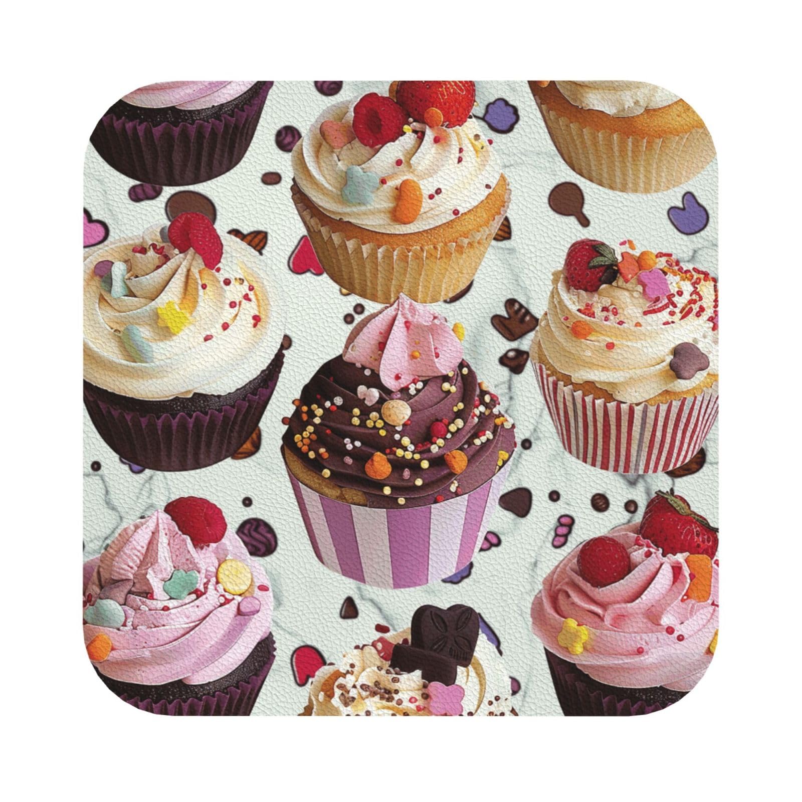 Delicious Cupcakes Print Leather Coaster Set of 6, Square Coasters Table Decorative Coffee Cup Beverage Coasters Wine Beer Bar Coasters for Hot Drinks Table Protection