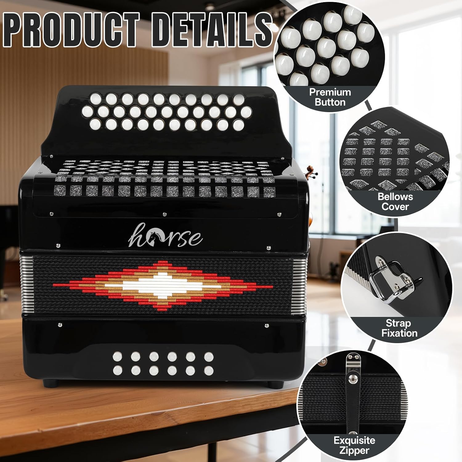 31 Keys Accordion, Horse Button Accordions 12 Bass FBE Acordeones Para Adultos Acordeón De Adulto Azul for Musical Instrument Adults Beginners Professionals with Bag, Strap, Cleaning Cloth, and Gloves