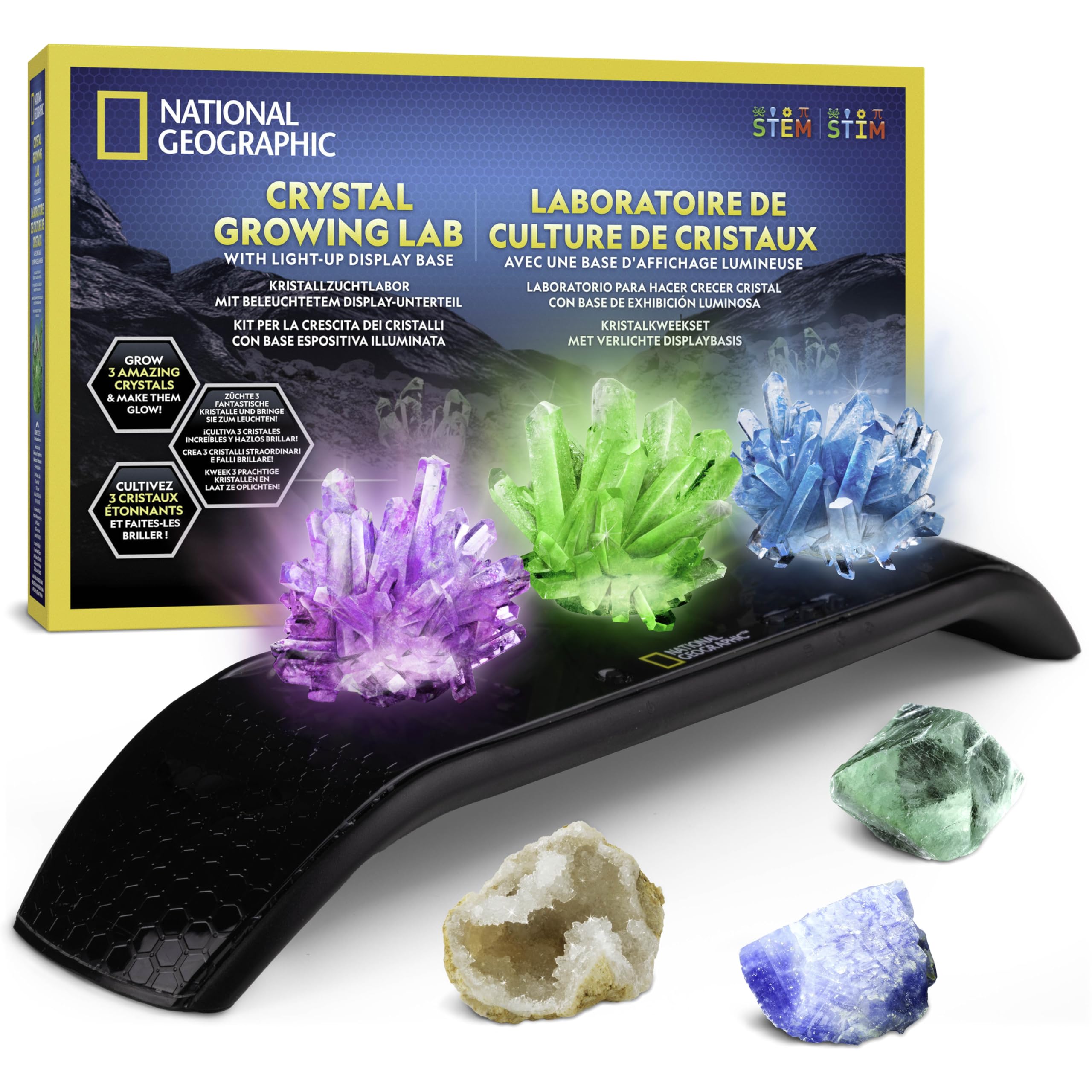 Kit de Cristaux National Geographic – Faites Pousser 3 Cristaux Colorés avec Socle Lumineux et Guide, Inclut Une Géode, de la Fluorite Verte et d’Autres Gemmes Réelles