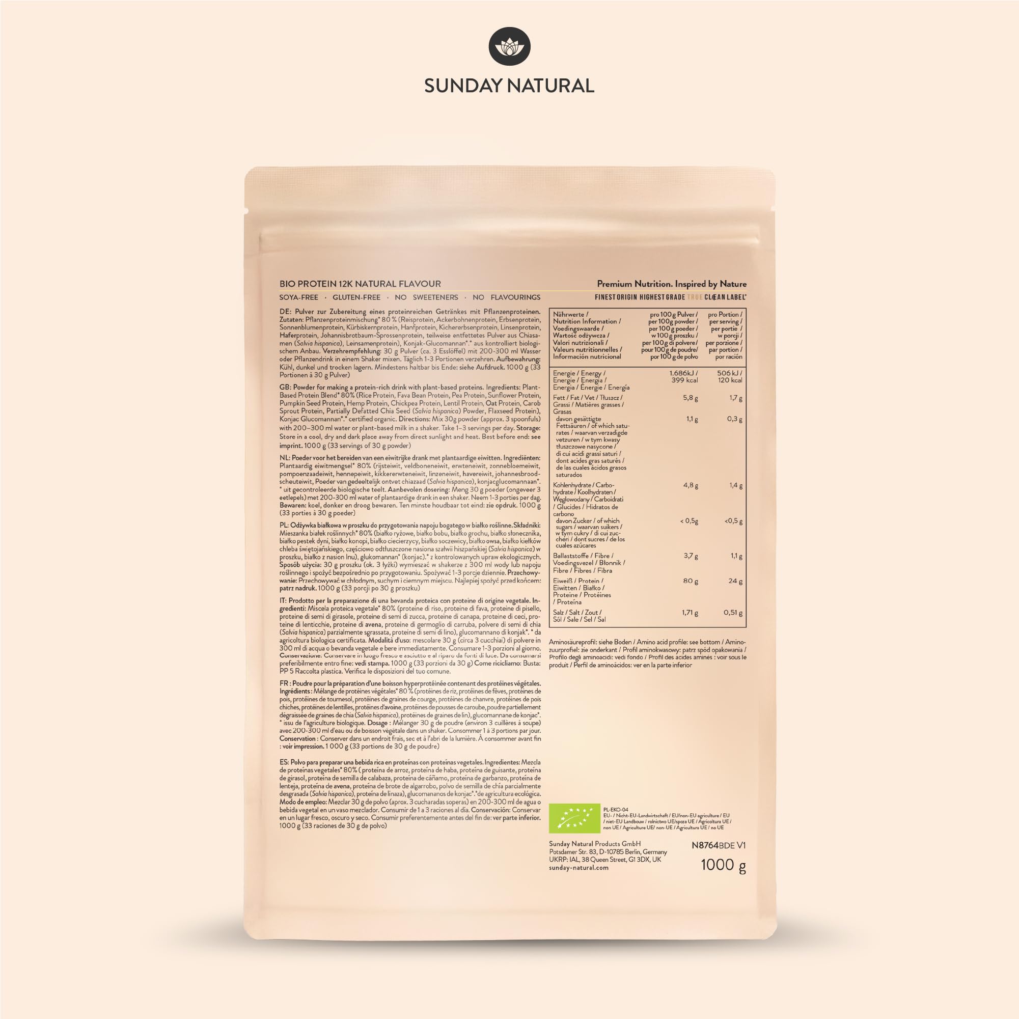 SUNDAY NATURAL® Bio Protein Pulver – 1000g – Veganes Eiweißpulver – 80% Eiweiss – 12K Proteinpulver Blend – Vollständiges EAA & BCAA Profil – Ohne Zucker & Süßstoffe – Vegan, Laborgeprüft - Natural