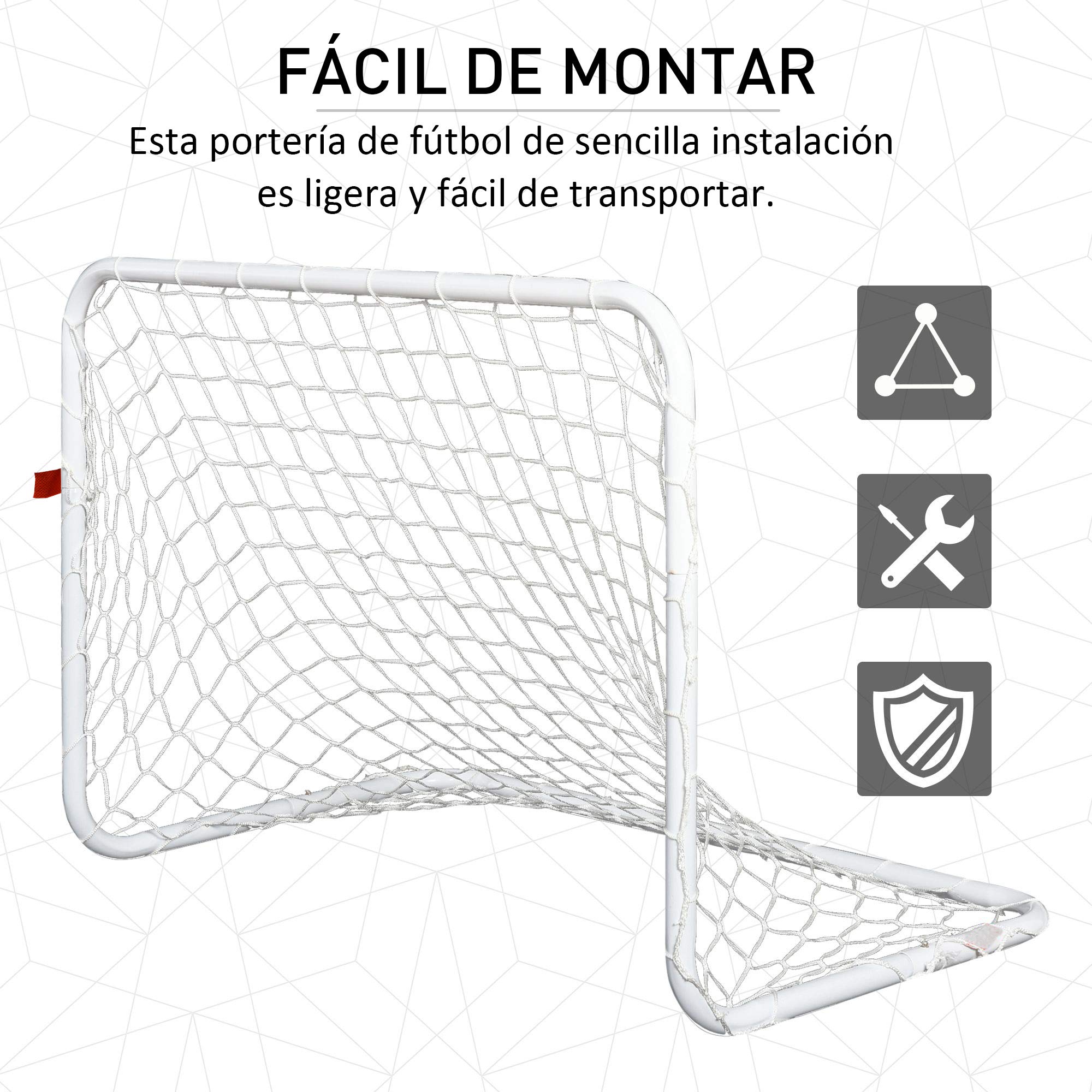 HOMCOM Set de 2 Porterías de Fútbol con Red y Balón, Acero y Poliéster, 78x46x56 cm, Blanco