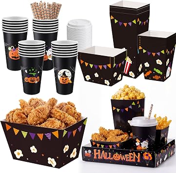 Bokon 172 Pcs/ 24 Sets of Halloween Movie Night Snack Trays Trick or Treat
