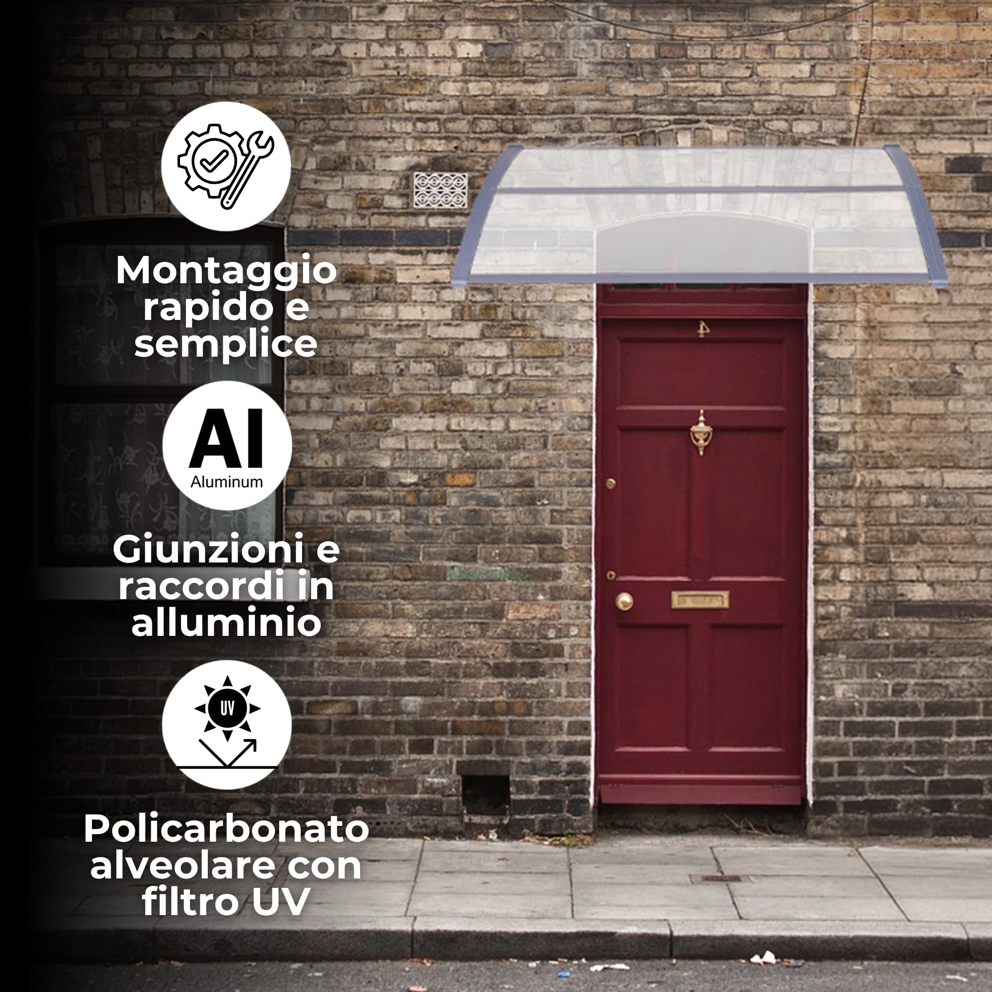 SPRINGOS Tettoia per porta d'ingresso, copertura di protezione per balcone, parapioggia, in alluminio e policarbonato, da 150 x 75 x 23 cm
