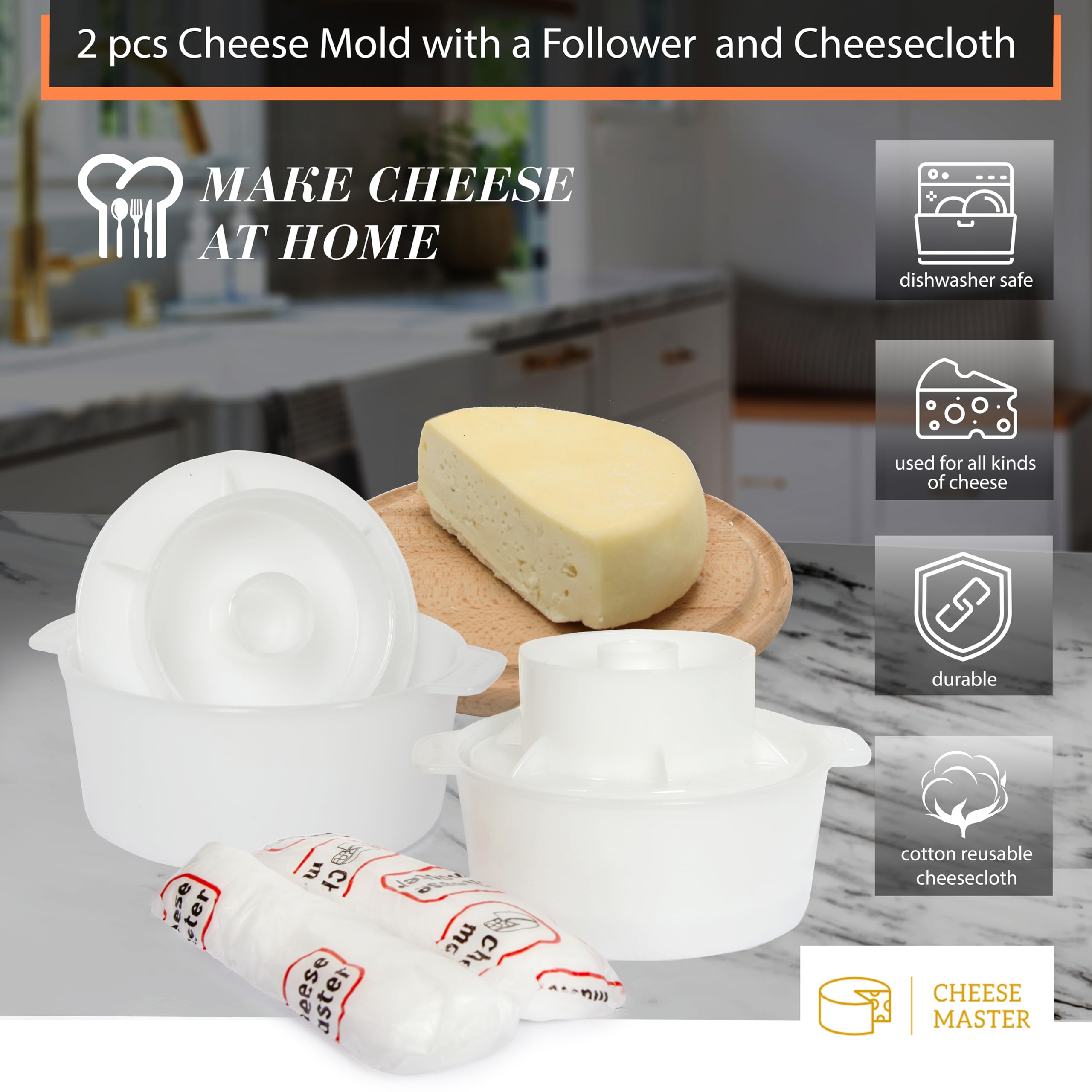 Lot de 2 moules à fromage 1,2 l avec piston et gaze de coton, panier à fromages, kit de fromagerie
