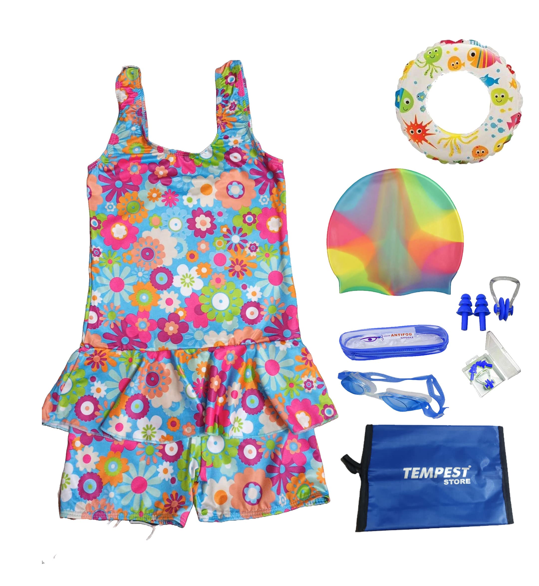 TEMPEST Swimming Kit for Girls with 1 Swimming Costume | Swim Suit | Swimwear | Swimming Dress 1 Goggles 1 Swimming Cap 2 Ear Plug 1 Nose Clip 1 Swimming Tube(Multicolor, 5-6 Years) with Free KIT Bag 2