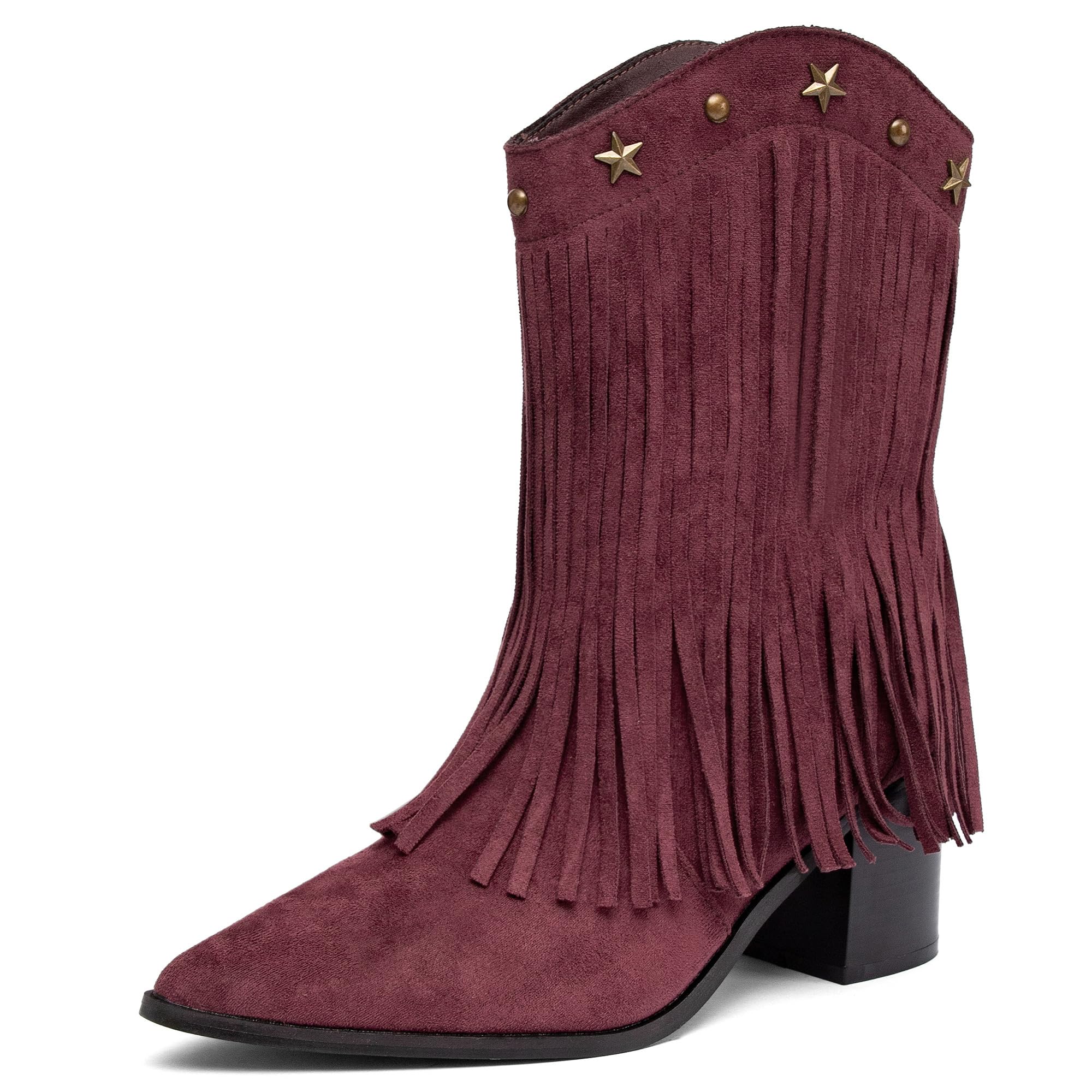 NEWBELLA Cowboy Boots For Women-Cowgirl Boots With Fringe Chunky Heels Wide Calf Boots For Women