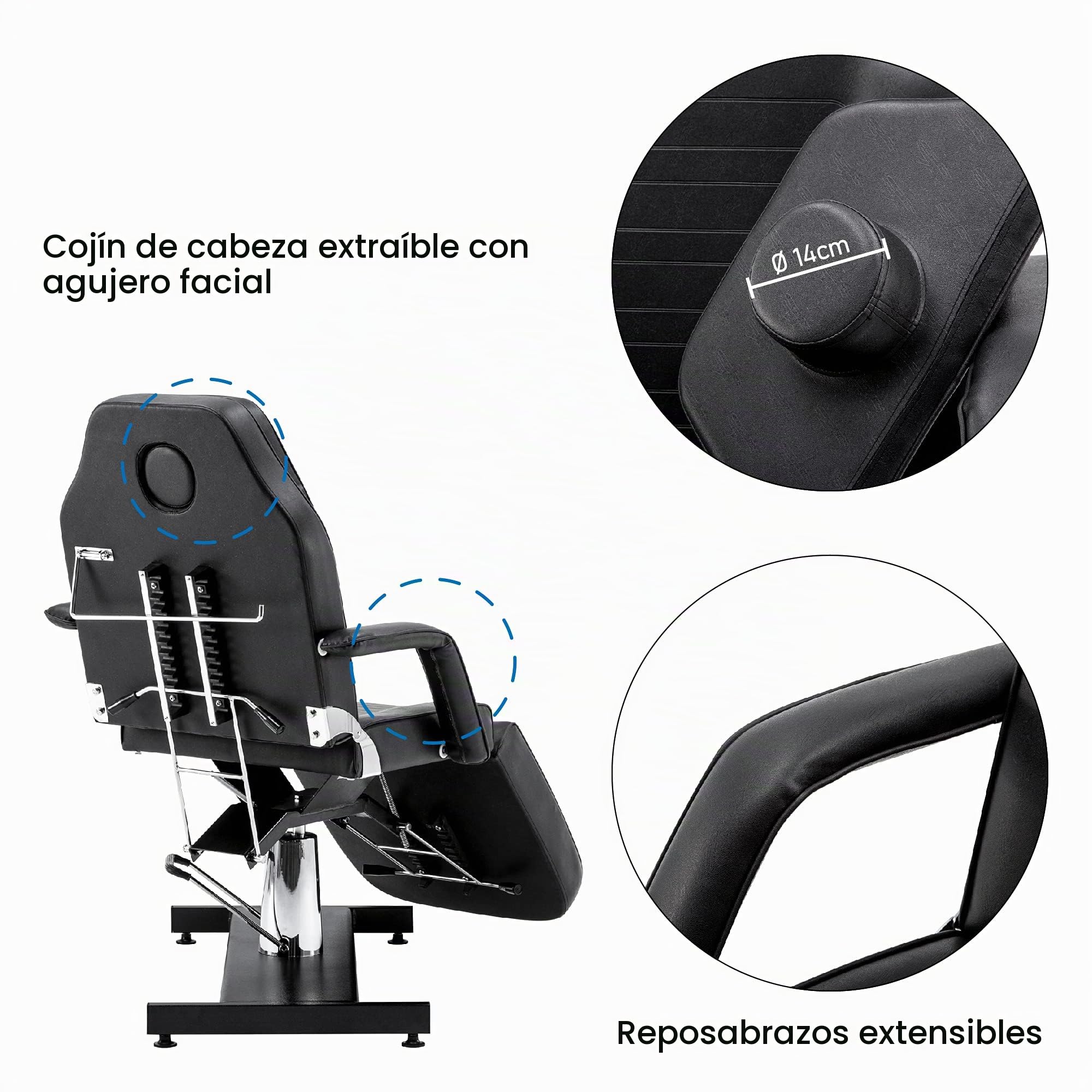 Barberpub Hidráulico Tumbona Terapia tattooliege Camilla de masaje silla Cabecero Soporte reposabrazos extensible
