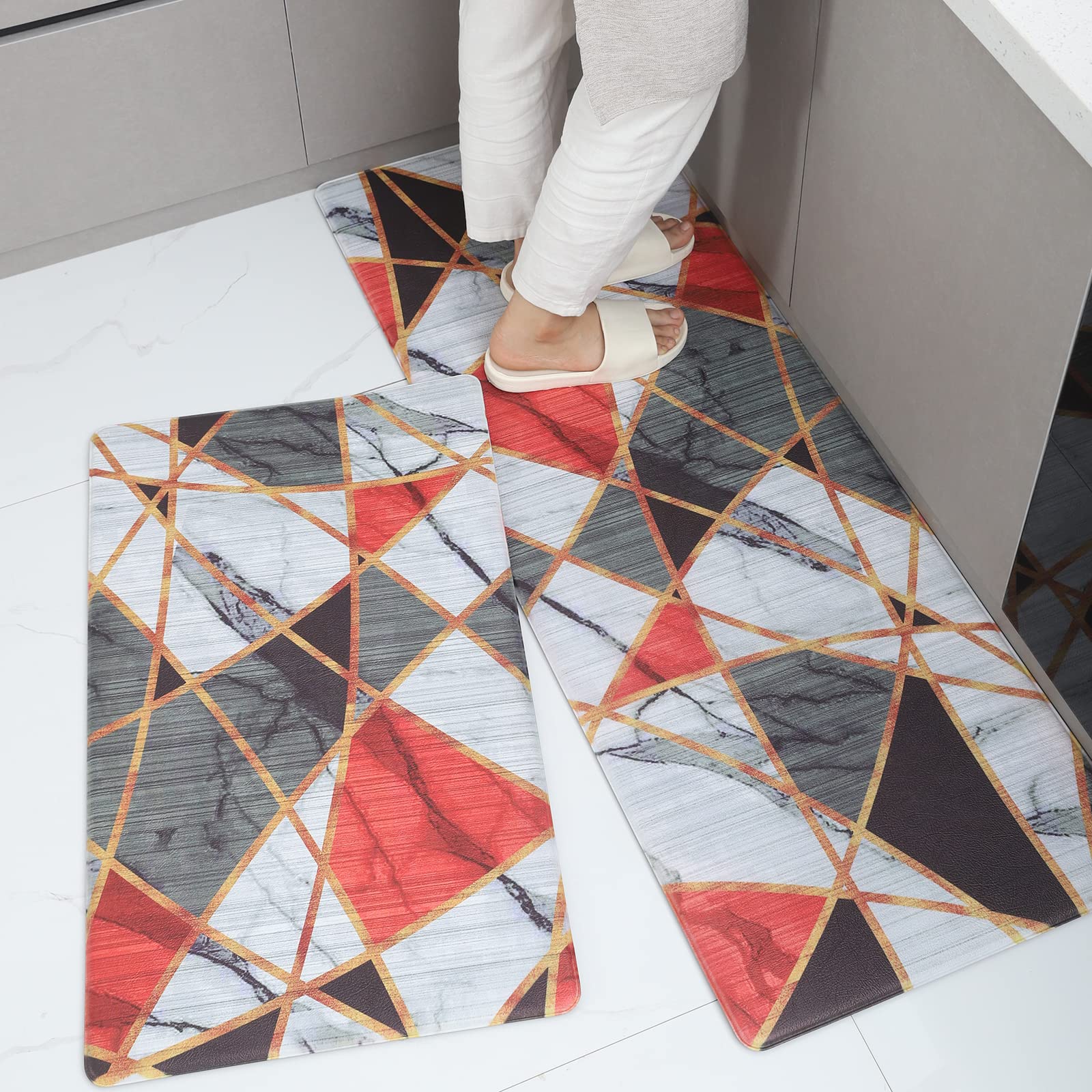 ZebraSmile 2 Pcs Kitchen Runner Rugs, Anti Fatigue Kitchen Mat Set, Cushioned Non Skid Waterproof Kitchen Runner Rug, Long Comfort Standing Mat for Kitchen, Laundry Room, Red, 17X32/17X47 inches