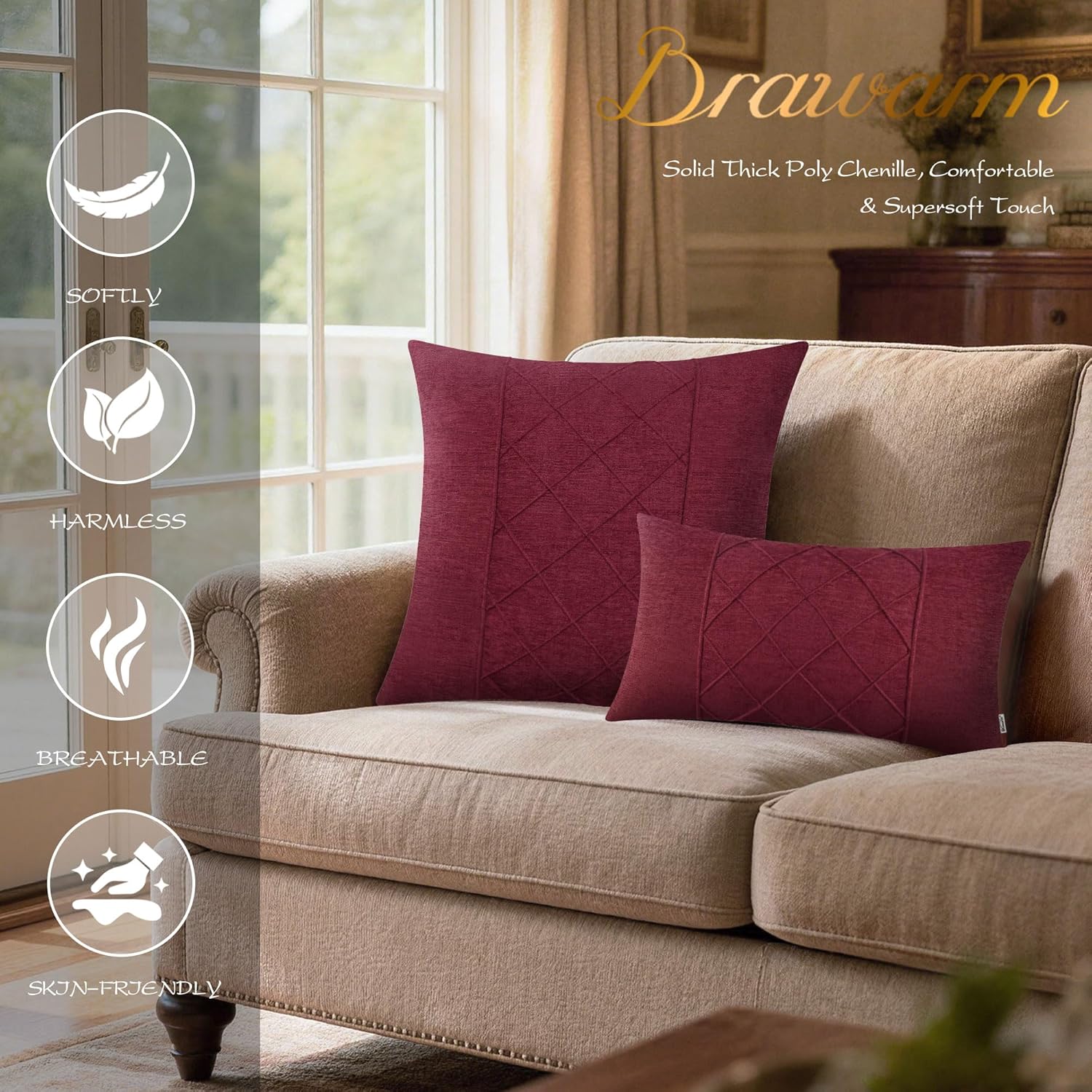 BRAWARM Throw Pillow Covers 20x20 Inches - Burgundy Pleated Chenille Pillow Covers, Pack of 2 Solid Dyed Soft Chenille Pillow Cases for Couch Sofa Bed Home Decoration