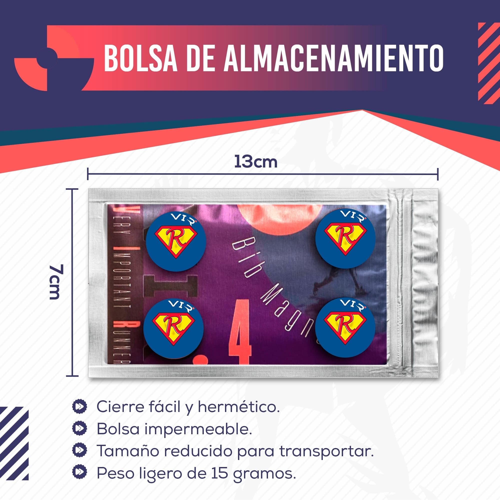 VERY IMPORTANT RUNNER - Pack de 4 Imanes Deportivos con Bolsa Impermeable - Imanes Sujeta Dorsales para Running y Triatlón 18mm - Sujeción Segura Sin Agujeros en la Ropa - Diseño Súper Runner — view 3