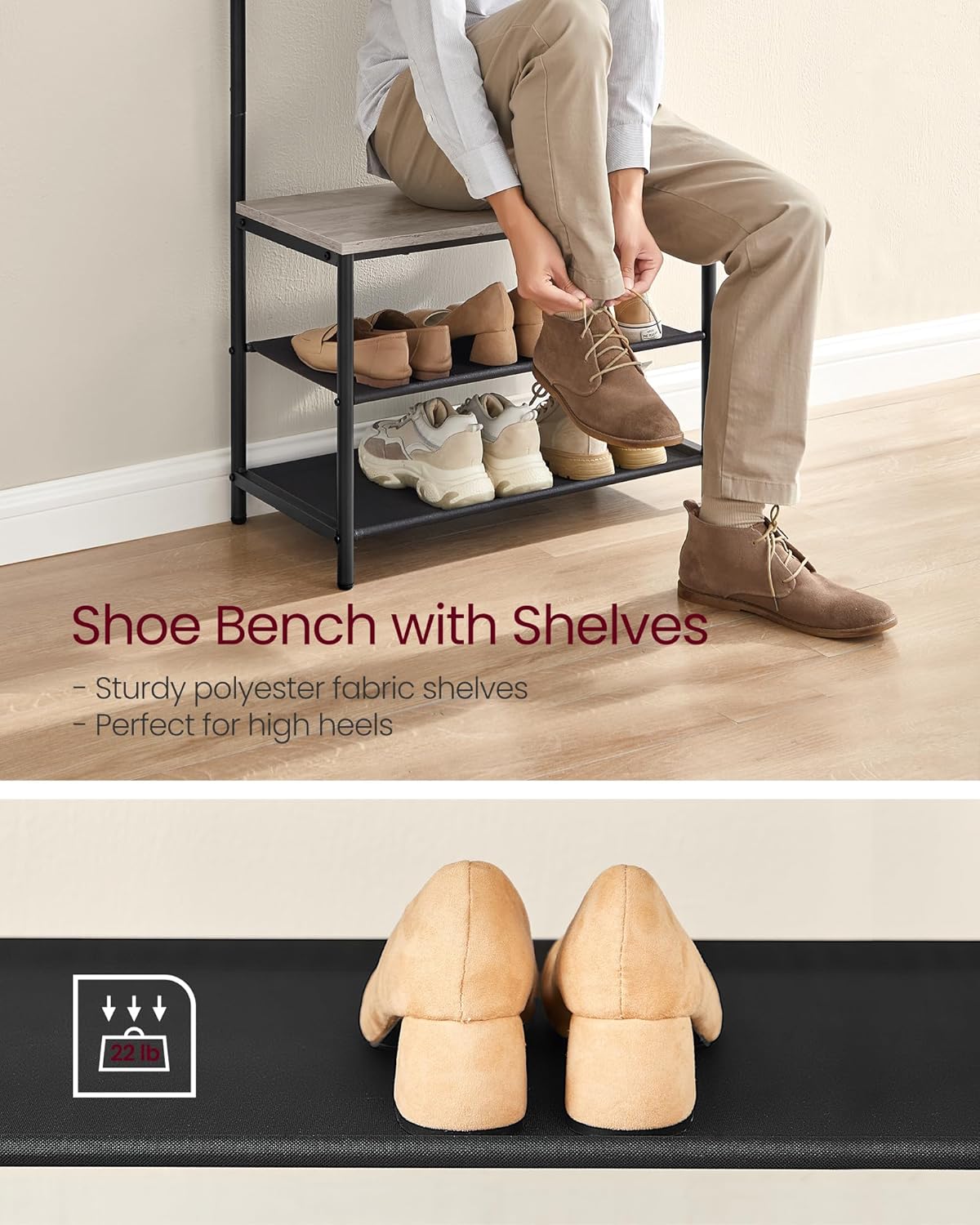 VASAGLE Hall Tree with Bench and Shoe Storage, Entryway Bench with Coat Rack Stand and Shoe Rack, 9 Movable Hooks, Top Bar, Fabric Shelves, Industrial, Greige and Black UHSR411B02