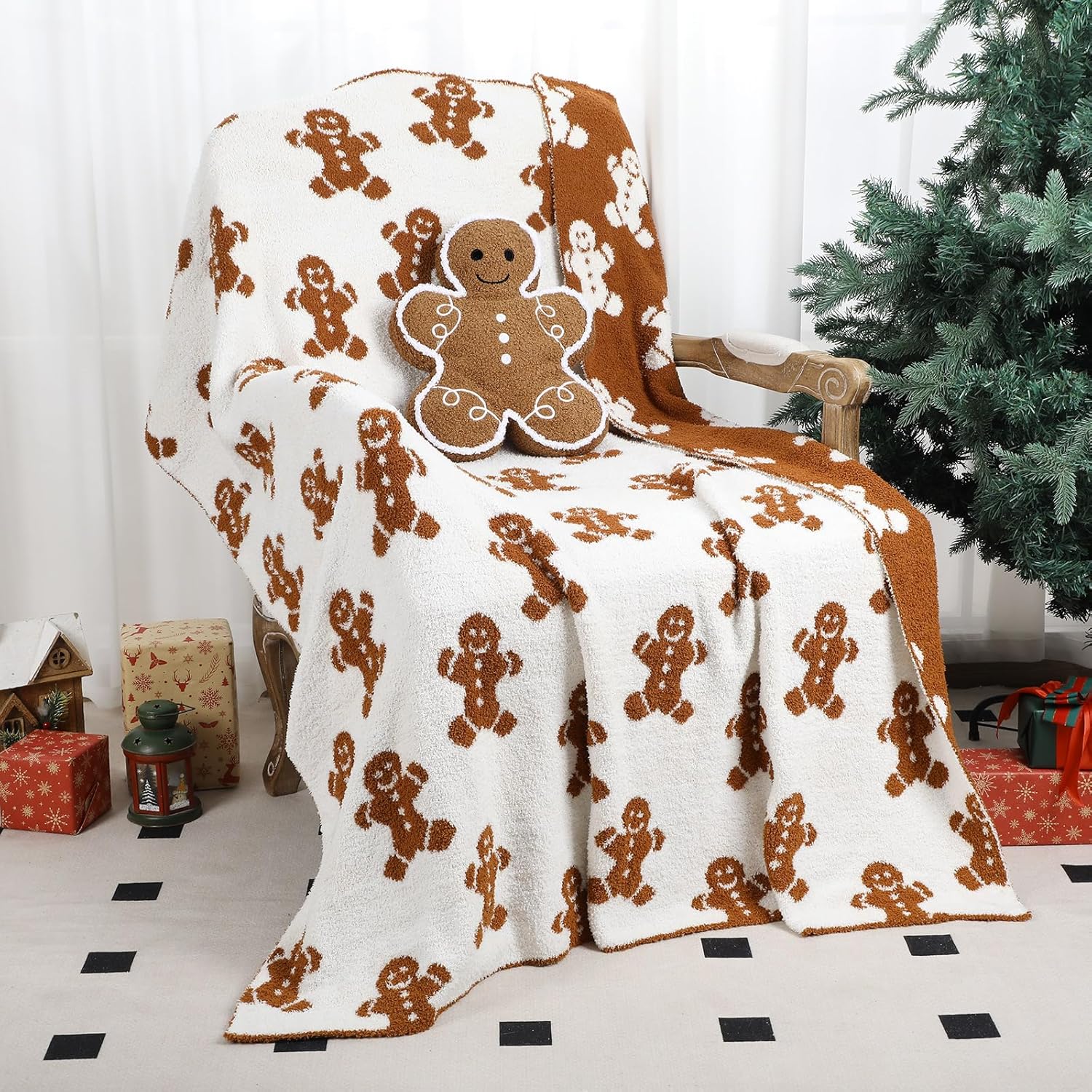 Christmas Gingerbread Man Throw Blankets Pillow Set Include Double Sided Flannel Blanket 50 x 60 Inch and Gingerbread Man Plush Throw Pillows Cushion for Home Family Couch Sofa Bed Decorations - Image 2