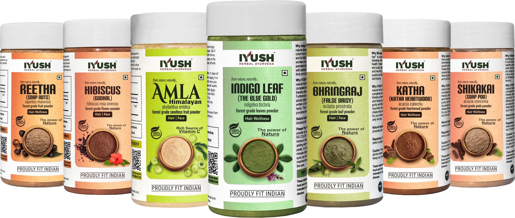 Iyush Herbal Ayurveda Katha Amla Reetha Shikakai Indigo Hibiscus Bhringraj (pack of 7, Total 700gm) 100gm each-image-17