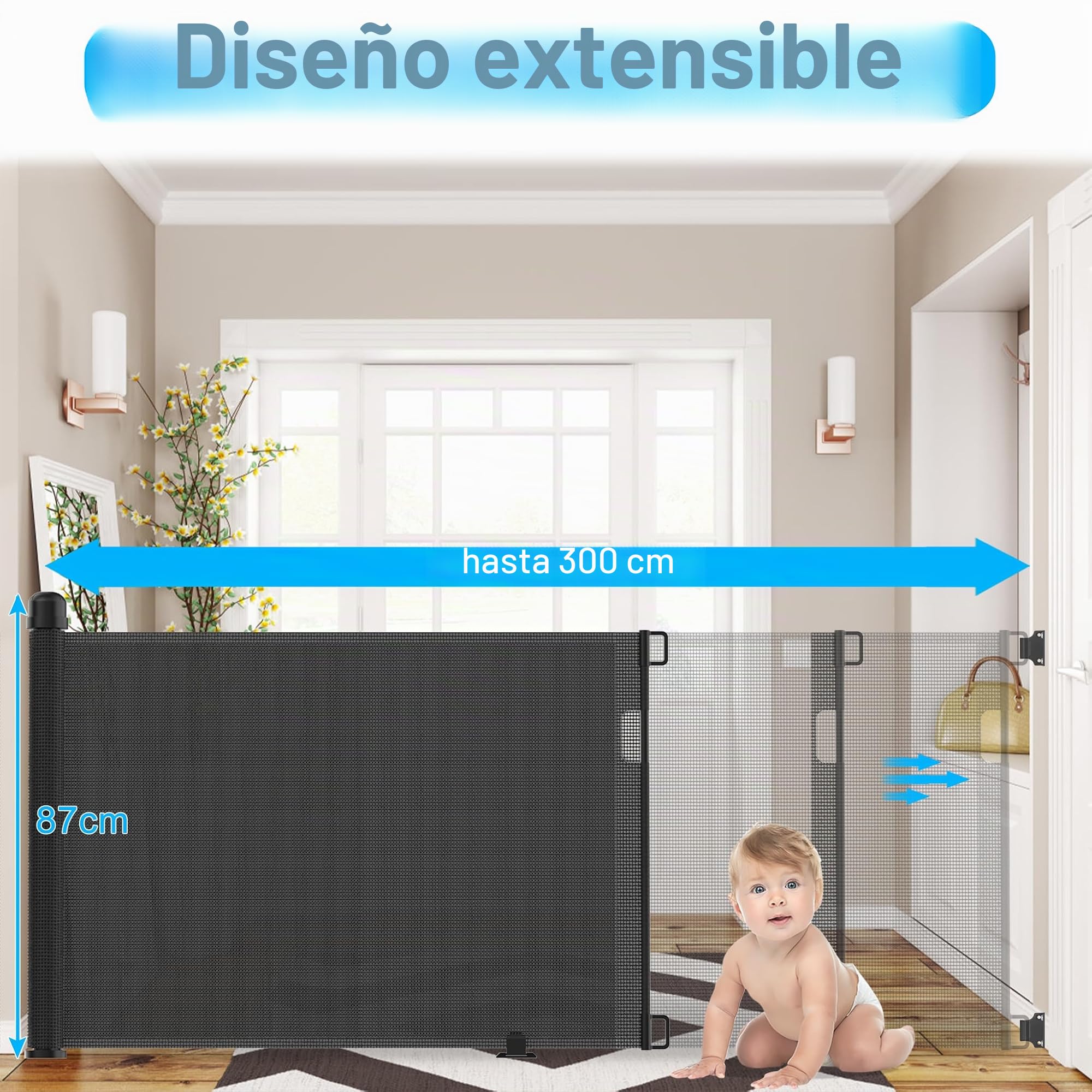 NAIZY - Barrera de protección de puerta enrollable de 0 a 300 cm, para bebé y perro, extensible para interior y exterior, color negro, LMZJ-HAG1394B