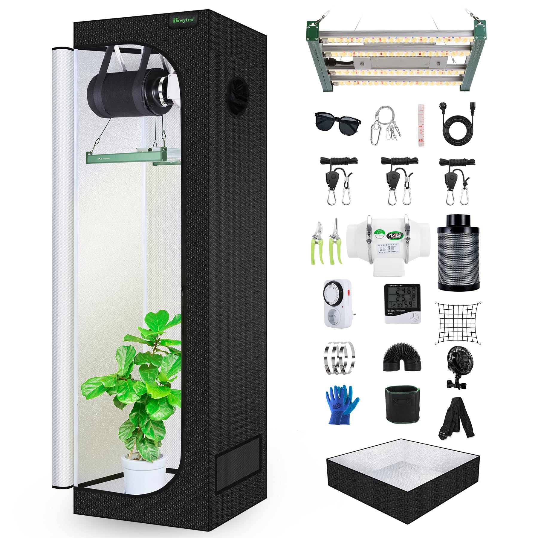 Grow Box Kit Completo, Tenda da Crescita, Luce per Piante da 120W, Kit Completo di Tenda idroponica 600D con Sistema di Ventilazione, con Termoigrometro e Timer(60x60x180CM-4Z)