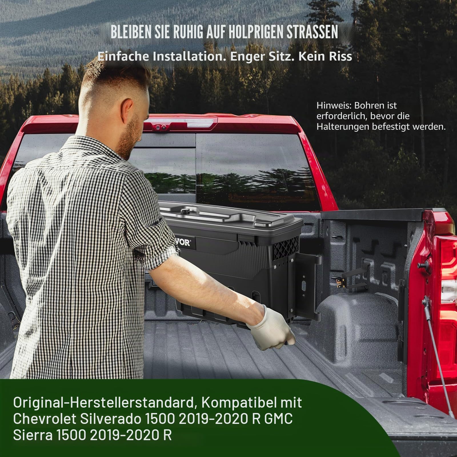 VEVOR Truck Bed Storage Box, abschließbarer Deckel, Wasserdicht ABS Radkasten Werkzeugkasten 25 L, Kompatibel mit Chevrolet Silverado 1500 GMC Sierra 1500 2019-2020, Beifahrerseite, Schwarz