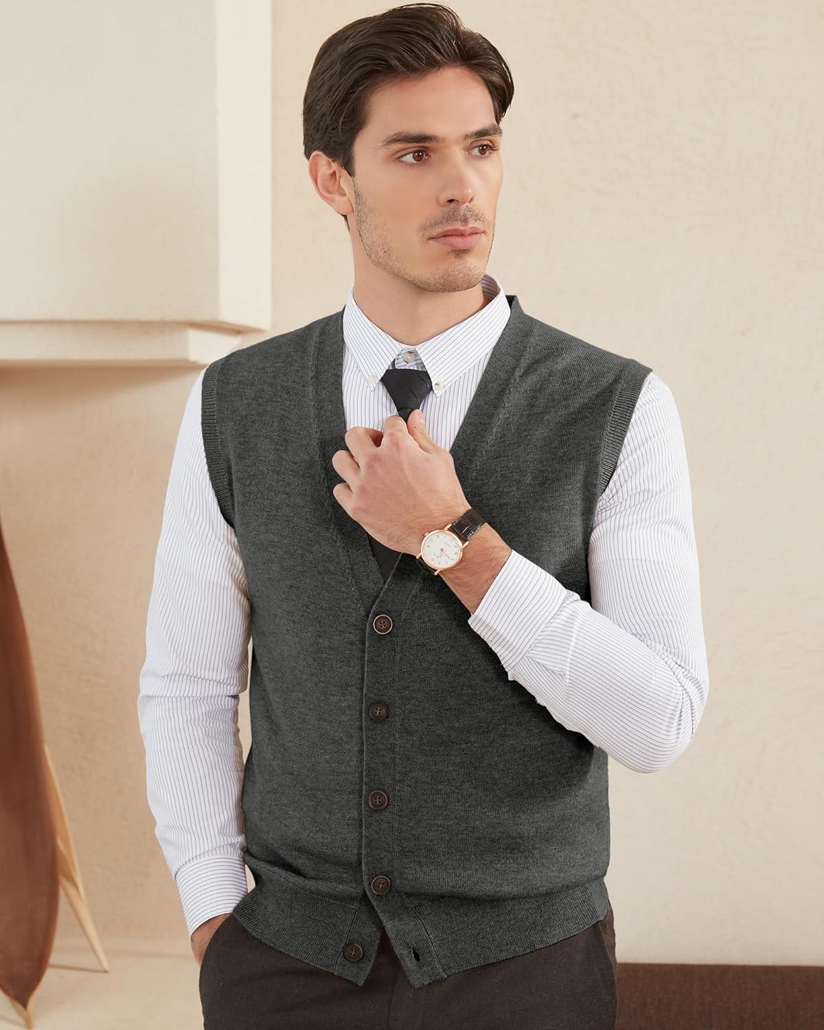 Kallspin Men's Sweater Vest Wool Blend V-Neck Button Sleeveless Cardigan Vest Sweater - Image 5